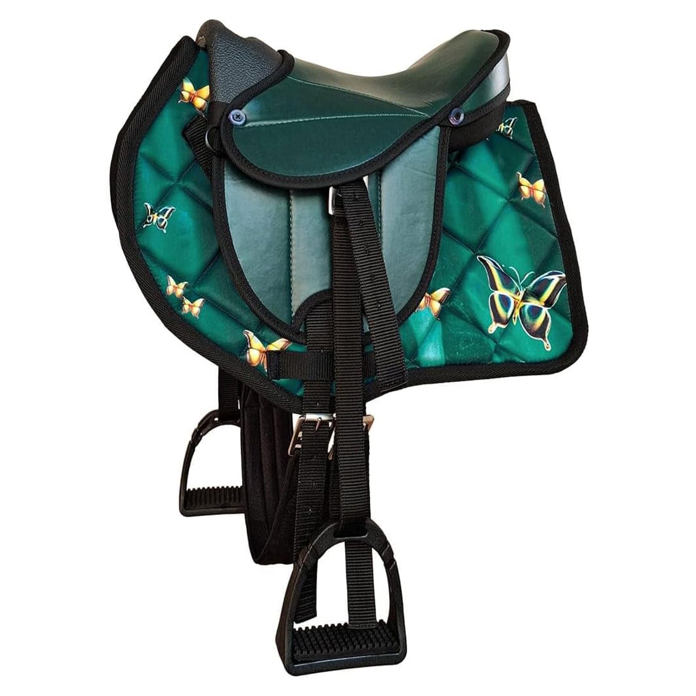 Brama West Kinder Shetty Sattel Set „My Little Butterfly“ | Sattel für Shetty Pony Holzpferd | mit Satteldecke, Sattelgurt, Steigbügel & Steigbügelriemen | Grün