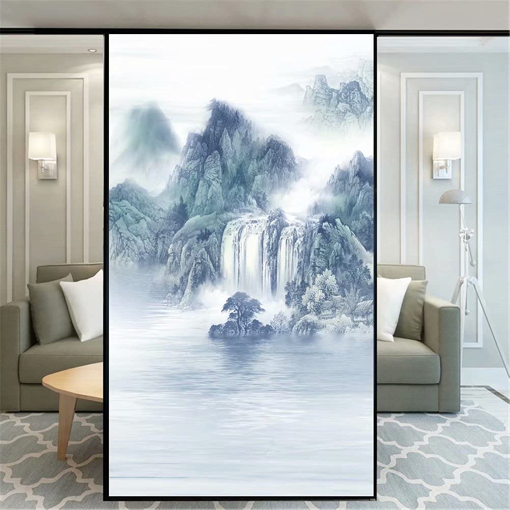 Privacy Window Film Ink Landscape Painting 73AB Decorative Opaque Non-Adhesive Static Cling Frosted Glass Window Film Window Stickers for Home Office 65x140cm(25.6