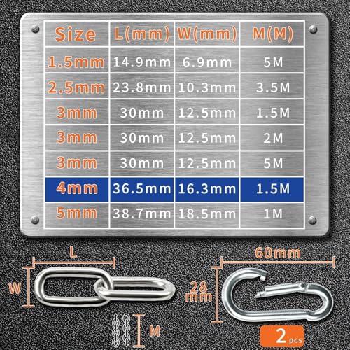 SWTYExt 304 Stainless Steel Chain 4mm 1.5 Metre Heavy Duty Metal Links with Carabiner Thick Chain for Gate Padlock Outdoor Lifting Hanging Swing Bike Cycle Lock Pet - Image 3