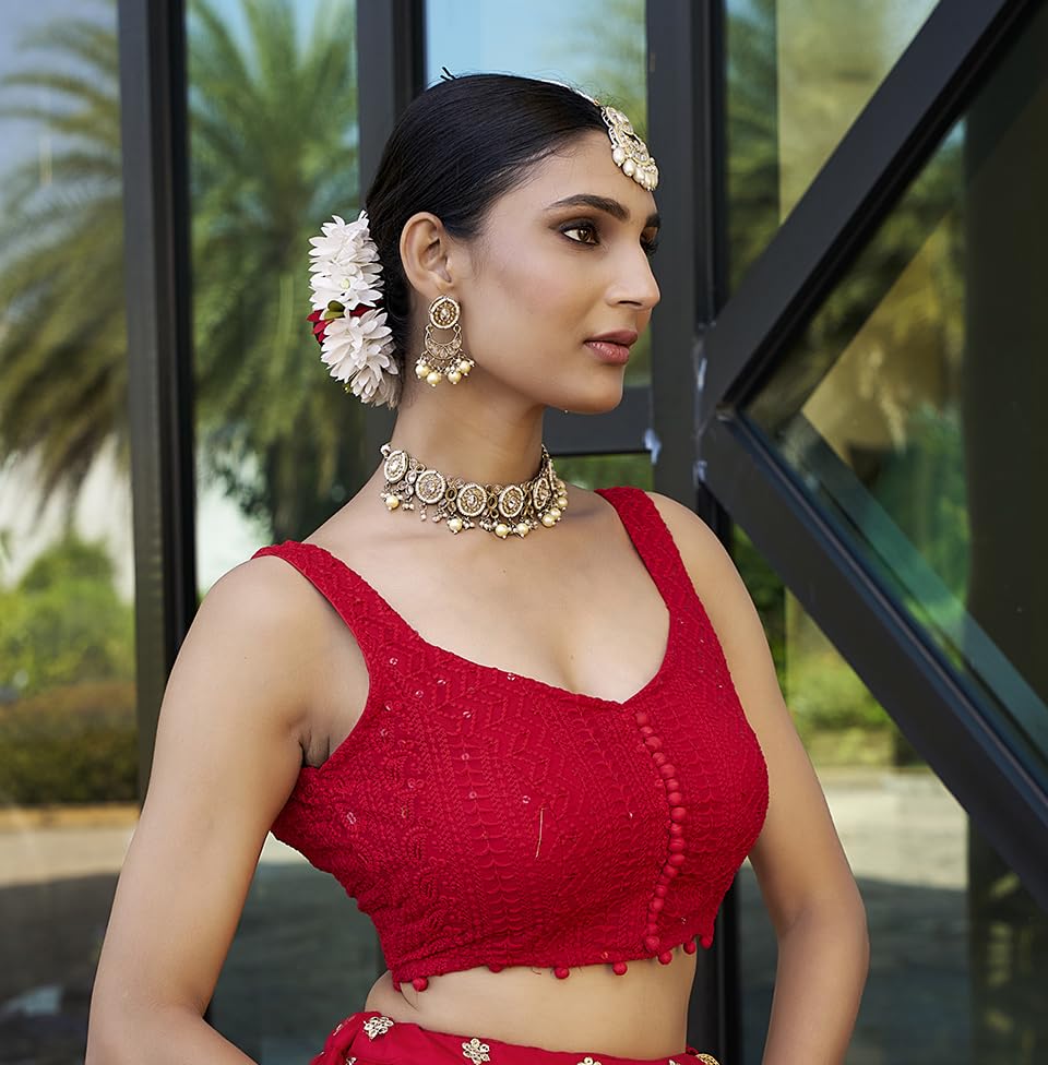 Pujia Mills Women's Georgett Floral Sleeveless Regular Blouse (Pm B Lucknowi 3 Red 38