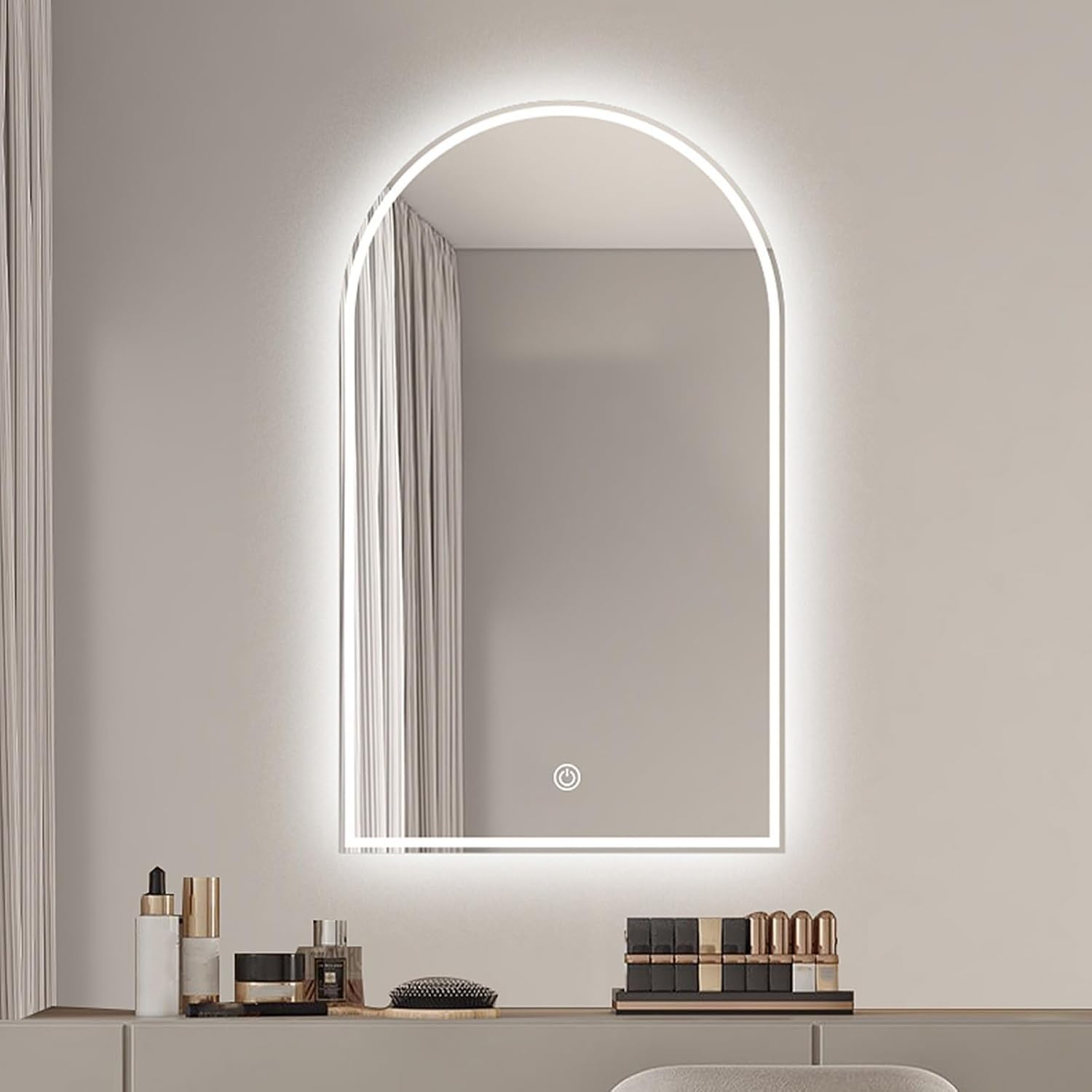 WQZzjm 48Inch Arched LED Bathroom Mirror with Dimmable Backlight, 32Inch AntiFog Makeup Mirror, Unbreakable, 3 Color Temperature Options (Frontlit 70X120cm)