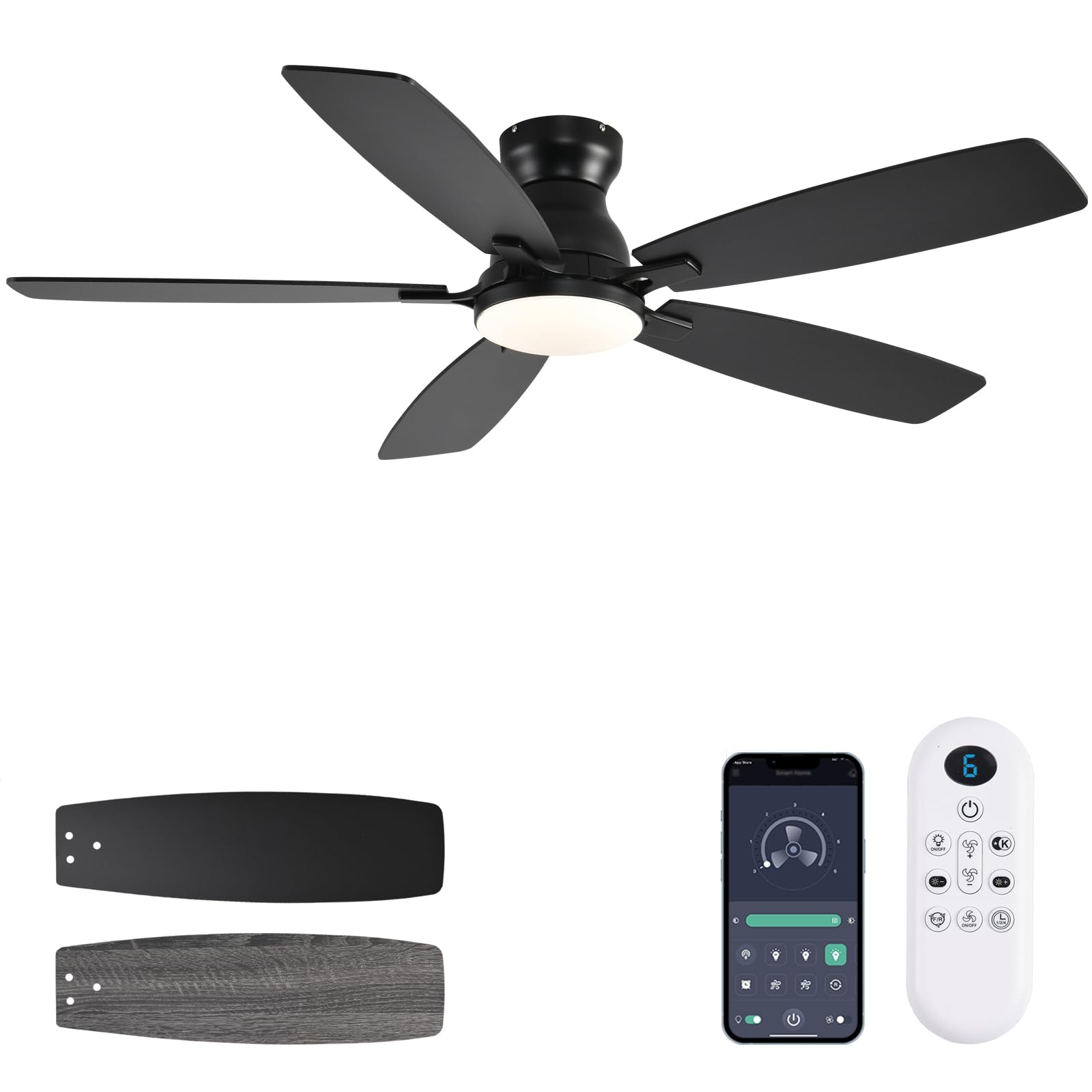 JSAITEE Ceiling Fans with Lights, 52 Inch Low Profile Ceiling Fan with Light and Remote Control, Flush Mount, DC Reversible Motor, Noiseless, Black 6 Speeds Ceiling Fan for Bedroom