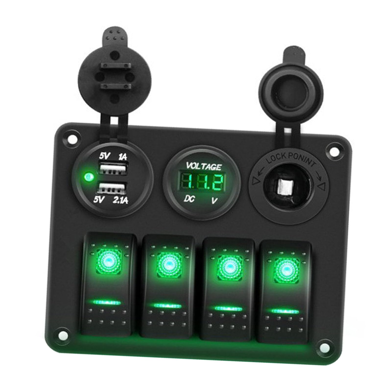 LED 4 Gang Boat Switch Pannello 12 V Voltmetro più Leggero 2 Voltmetro 2 Caricatore USB per Camions RVS Yacht (luce verde)
