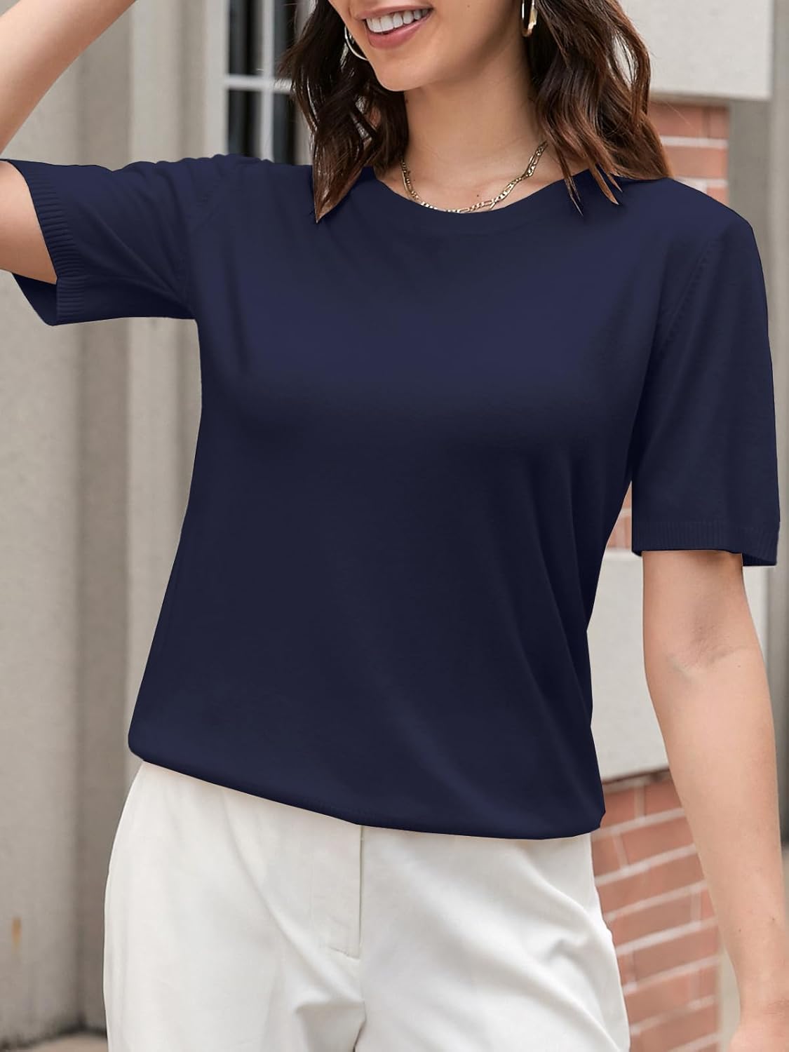 SANGTREE Women's Short Sleeve Sweaters Crew Neck Pullover Tops Summer Sweaters for Women - Image 2