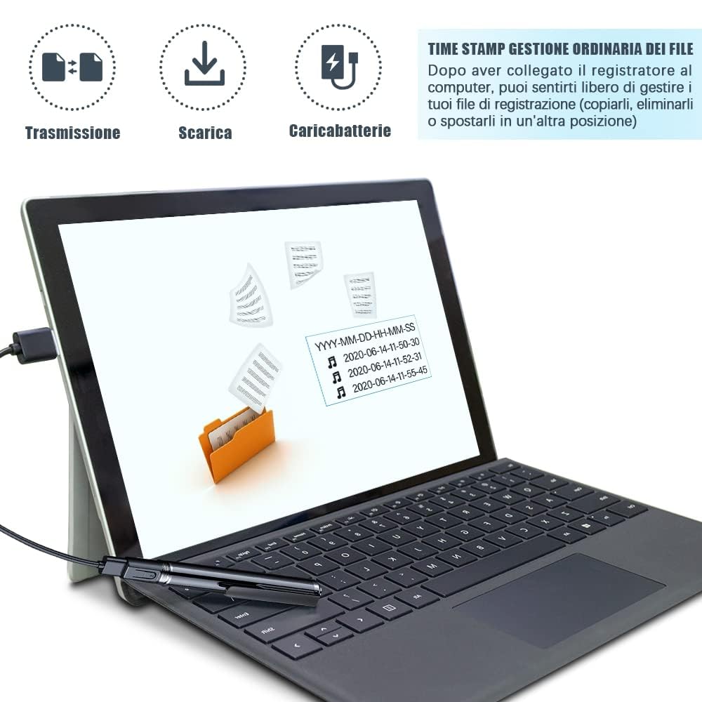 Penna Registratore Vocale 32GB HD - Mini Registratore Portatile Ricaricabile per Conferenze, Riunioni, Interviste & Concerti - Attivazione Vocale & Riproduzione MP3