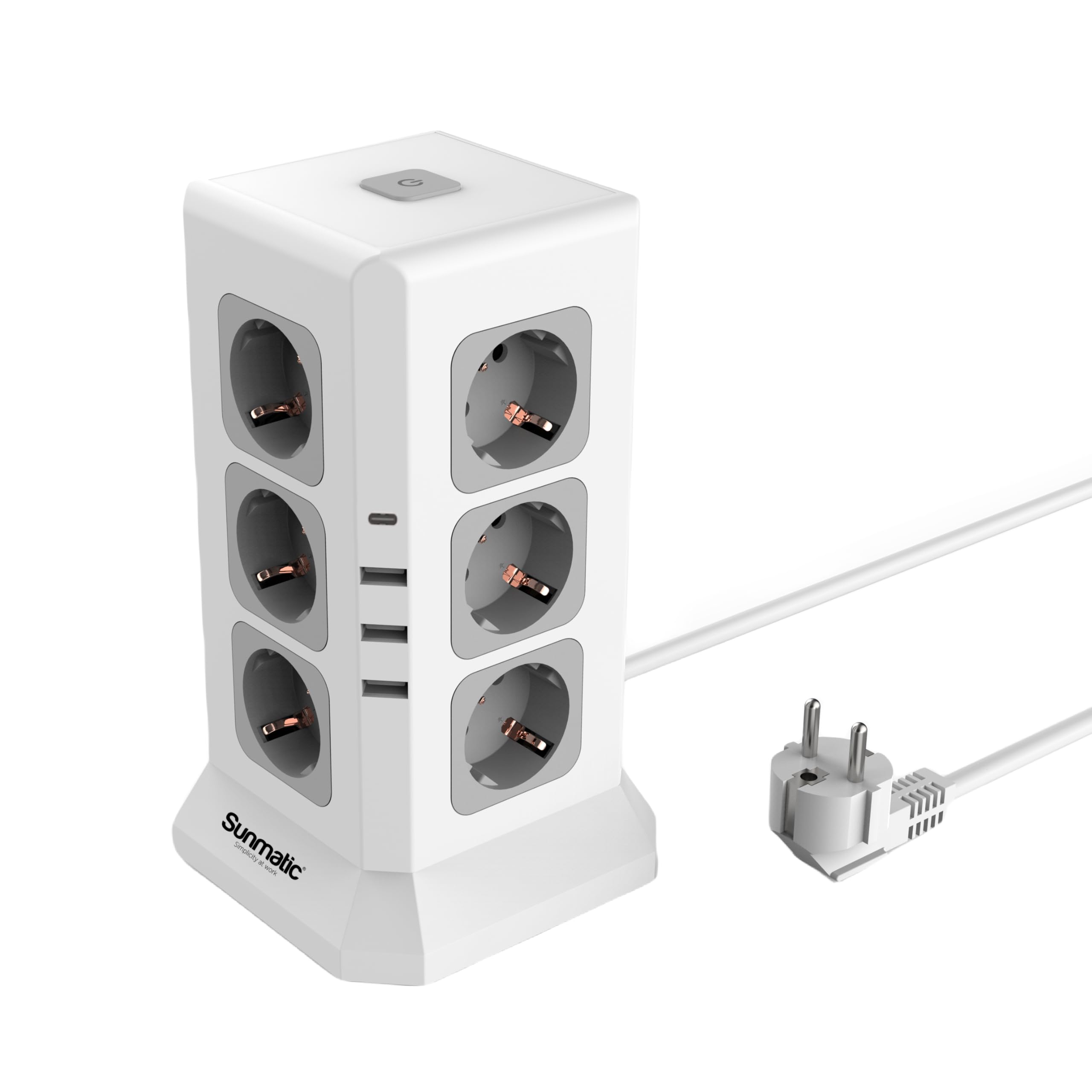 SUNMATIC Mehrfachsteckdose 12 EU, Überspannungsschutz, 3 USB-A, 1 USB-C, Schalter, Verlängerungskabel 2m, 3680W, Kindersicherung, Feuerfest, Schuko, für Büro & Homeoffice