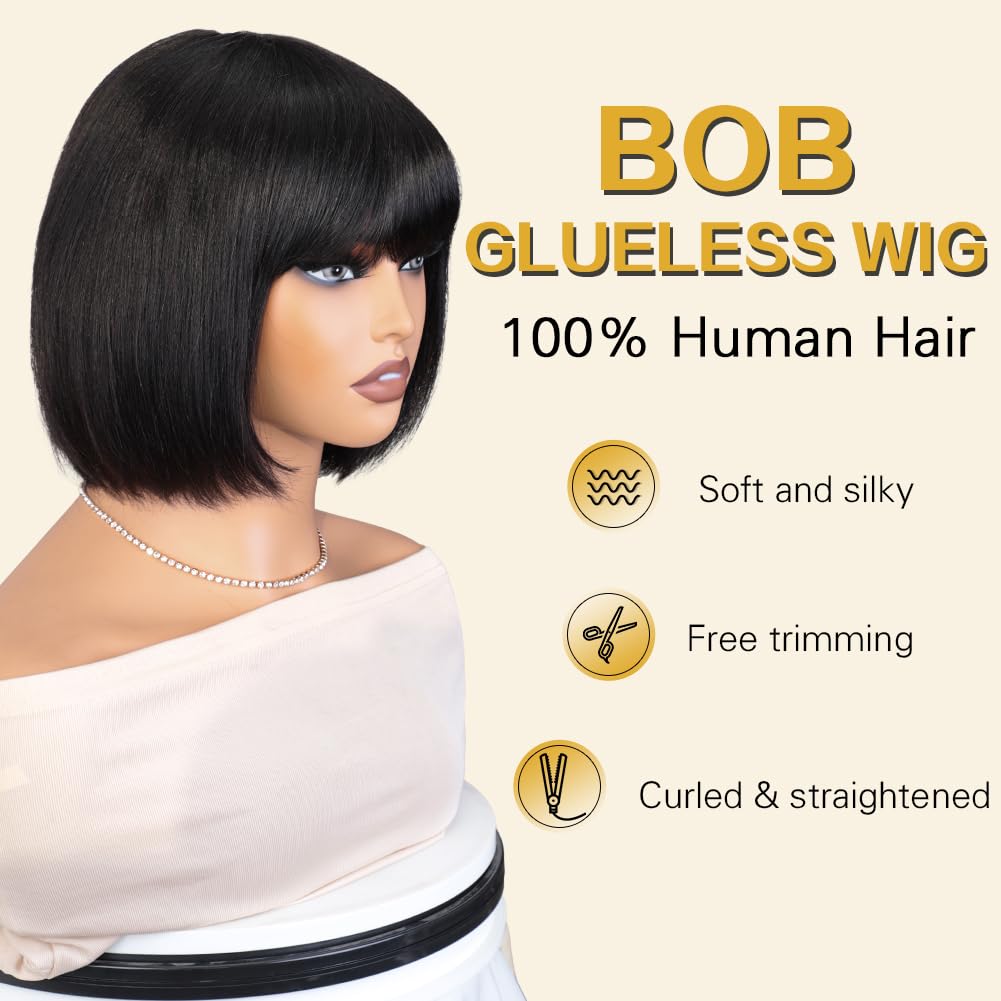 Bob Human Hair Wig With Bangs For Women Hd Top Lace Glueless Short Straight Bob Wigs 2x1 Lace Scalp Machine Made Wig (33A, 10 inches) - Image 3