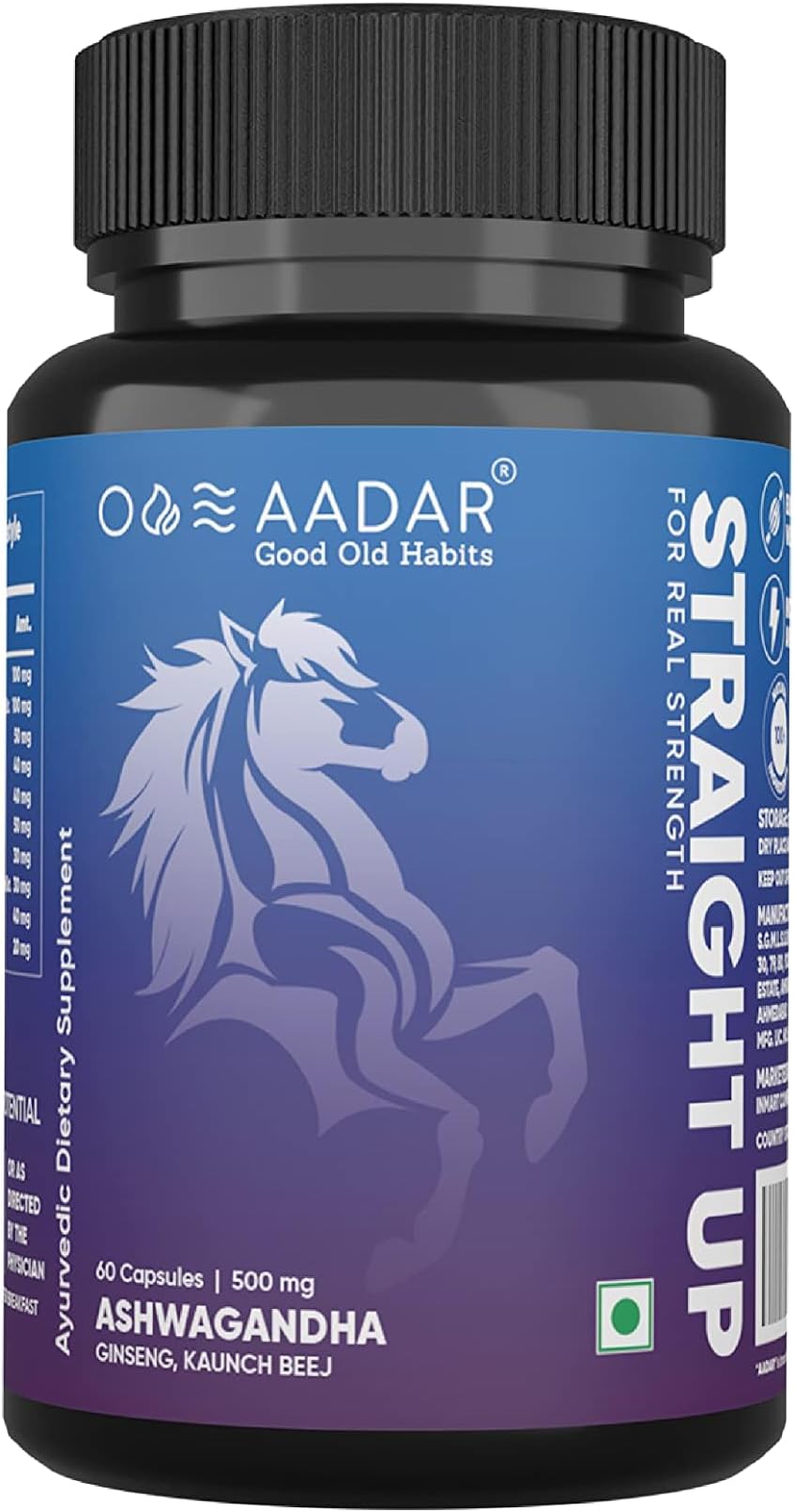AADAR Straight Up Capsule | Real Strength, Energy, Performance Booster for Men | Ayurvedic, Natural Herbs | Ashwagandha, Ginseng, Kaunch - 60 capsules