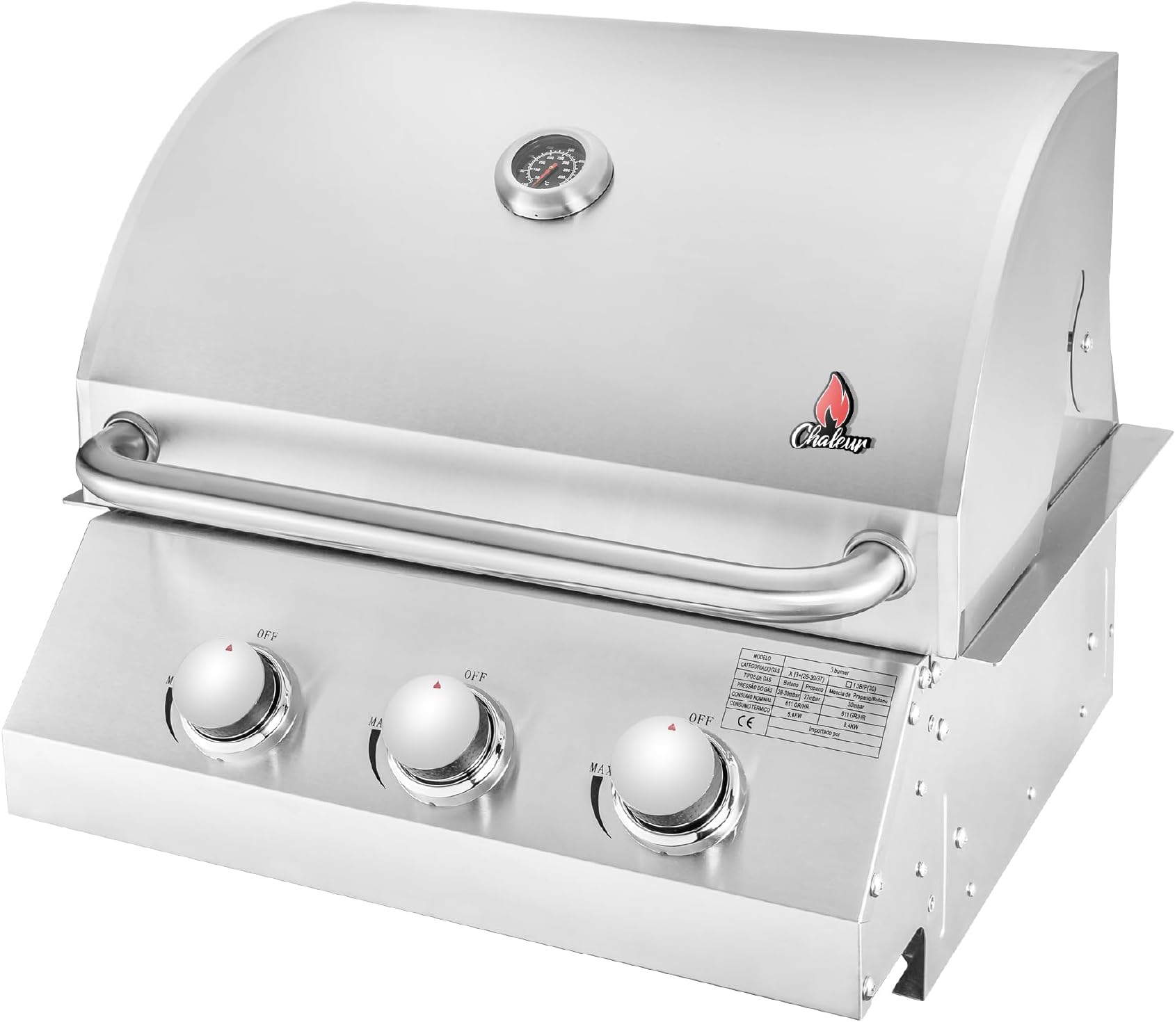Chaleur Stainless Steel 22"" Built-In Gas Grill for Outdoor Kitchen, Individual Burners - 600°F Max Heat with Built-In Thermometer, Ideal for BBQ, Outdoor Grilling & Kitchen Accessories (3 Burners)