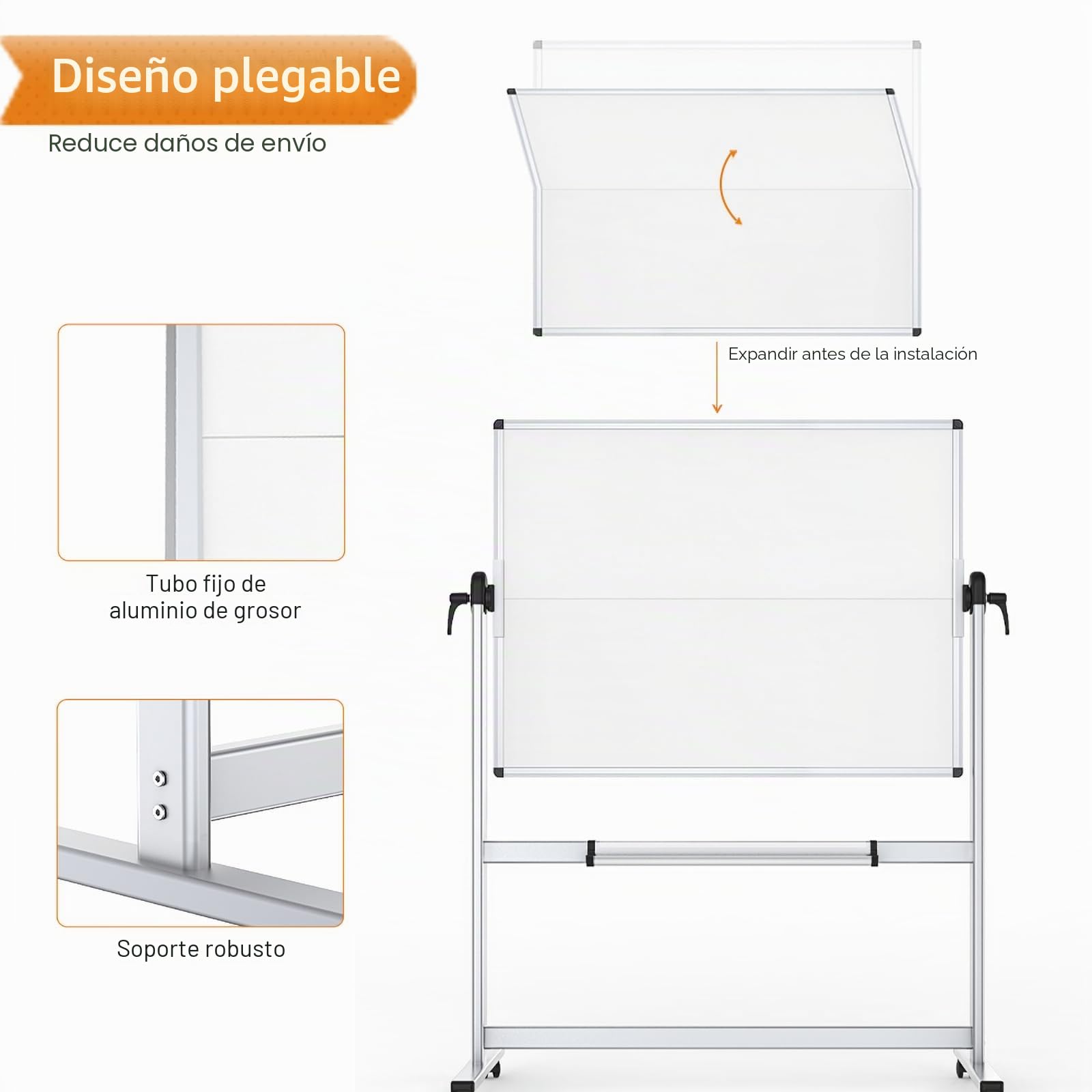VIZ-PRO Pizarra blanca móvil magnética de doble cara 120x90 cm, con ruedas y marco de aluminio, para oficina y aula