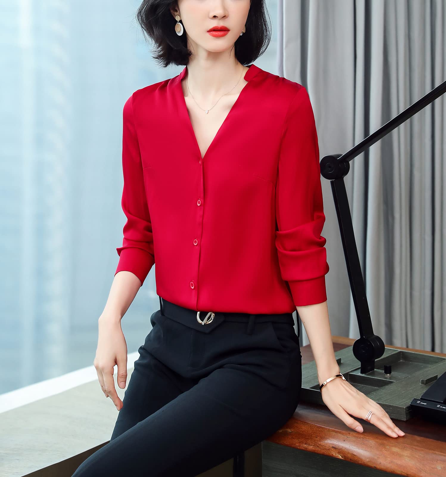 Valin Blusa de seda para mujer Camisa Sólido Botón Abajo Camisas Blusa de Manga Larga Cuello en V Blusa de Seda,S3366