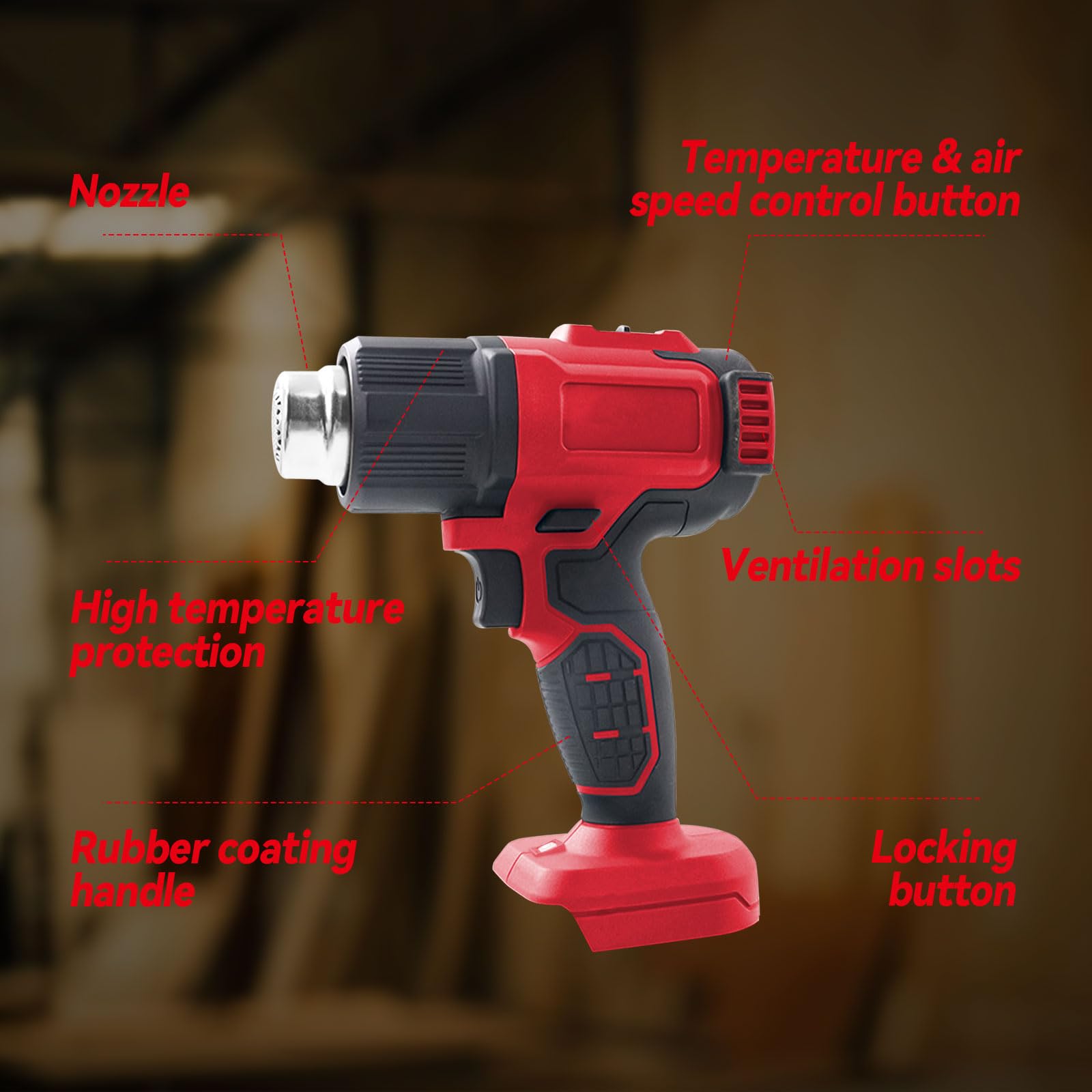 Pistola termica senza fili per Milwaukee 18 V, pistola ad aria calda con 5 ugelli, 2 impostazioni di temperatura max 550 °C per tubi termoretraibili in vinile, rimozione del colore, elettronica
