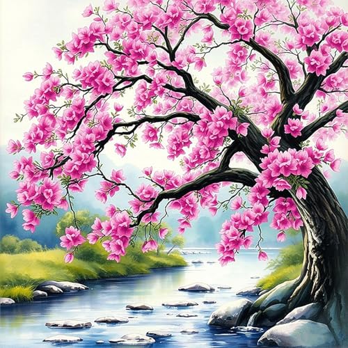 Image of Diamond Art Kits for Adults Landscape, 5D DIY Diamond Painting Kits for Adults Beginner, Pink Cherry Blossom Tree DIY Paint By Diamonds Dots with Gem Art for Home Wall Decor 13.8x13.8 inch