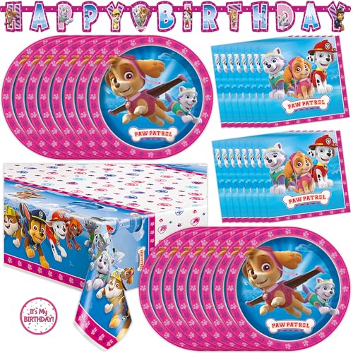 Skye Paw Patrol Birthday Decorations | Serves 16 | Banner Tablecloth Plates Napkins Sticker | Paw Patrol Party Decorations