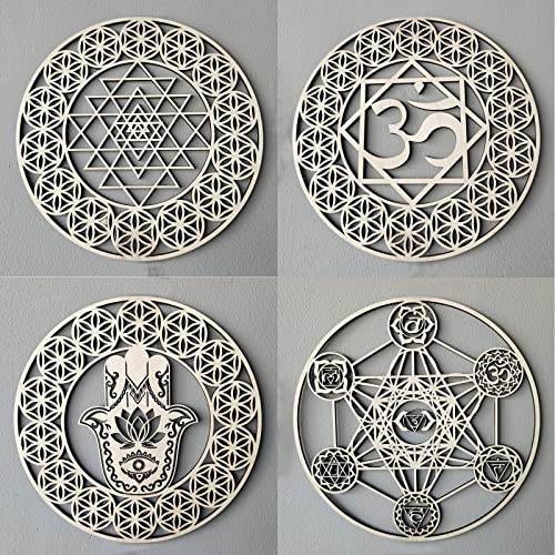 Image of 12 inch Meditation Accessories Wooden Wall Art 4 Pieces Sacred Geometry Seven Chakras Artwork Crystal Grid Board(Flower of Life,Hamsa Hand,Sri Yantra,Union Sun Moon)Home Decor for Yoga Spiritual Gifts