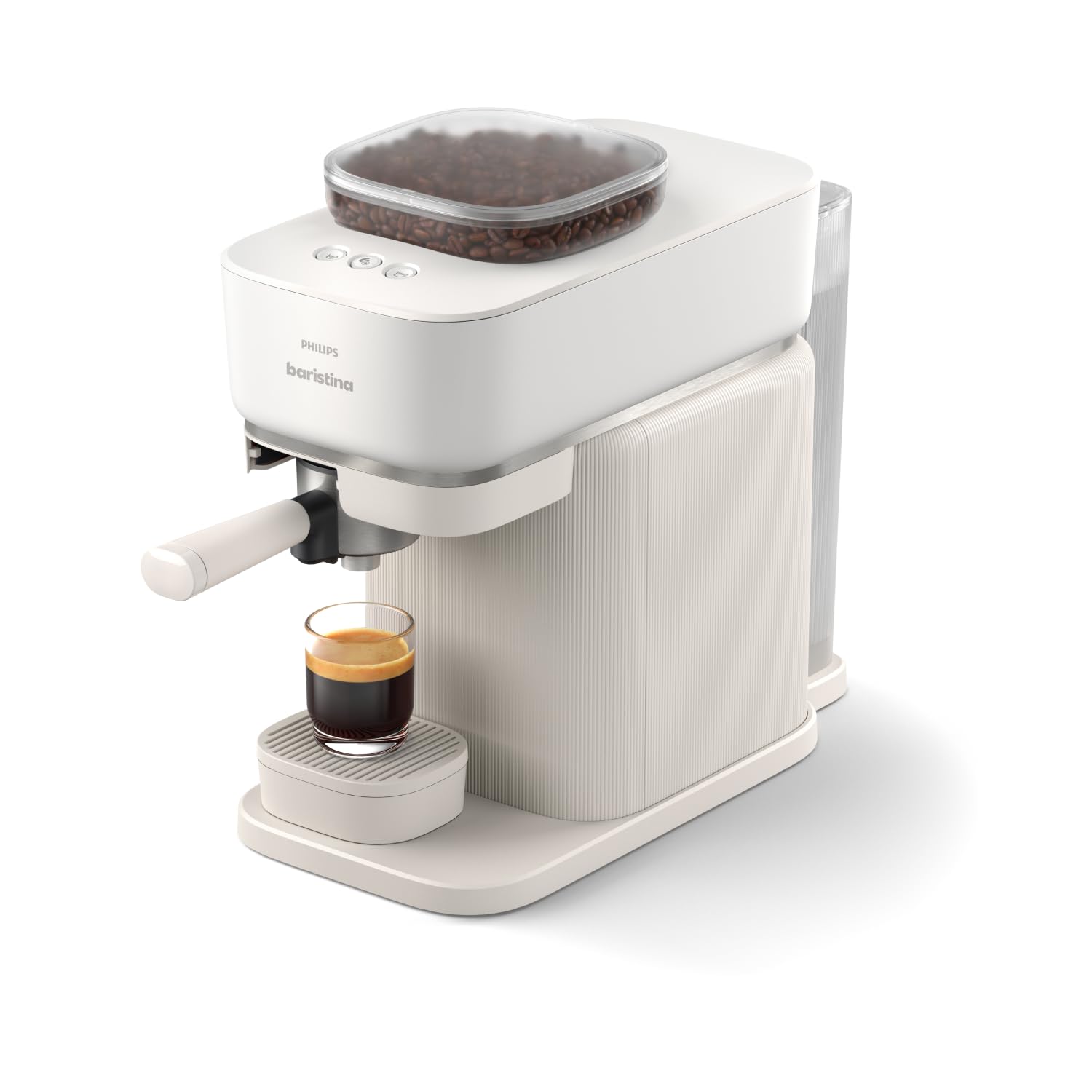Philips Baristina Machine à expresso, Mouture, tassage et infusion automatiques, 16 bars, Expresso, Lungo, Format compact, Blanc naturel avec porte-filtre blanc, Machine à café avec broyeur BAR305/00