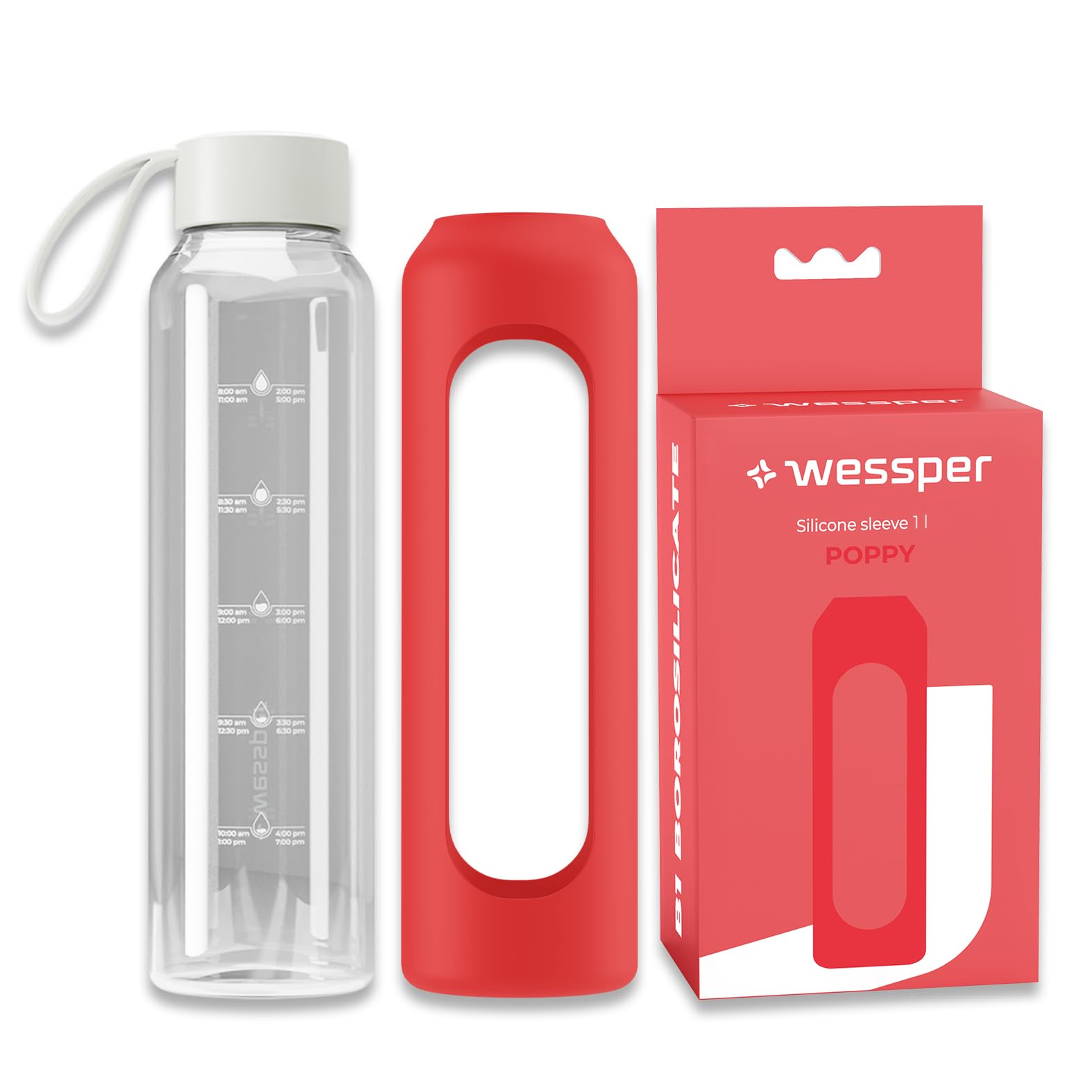 Wessper Borraccia in vetro rivestimento in silicone, bottiglia in vetro borosilicato con indicazione del tempo 1 litro, borraccia sportiva Ideale per fitness, scuola, sport, bambini – Rosso