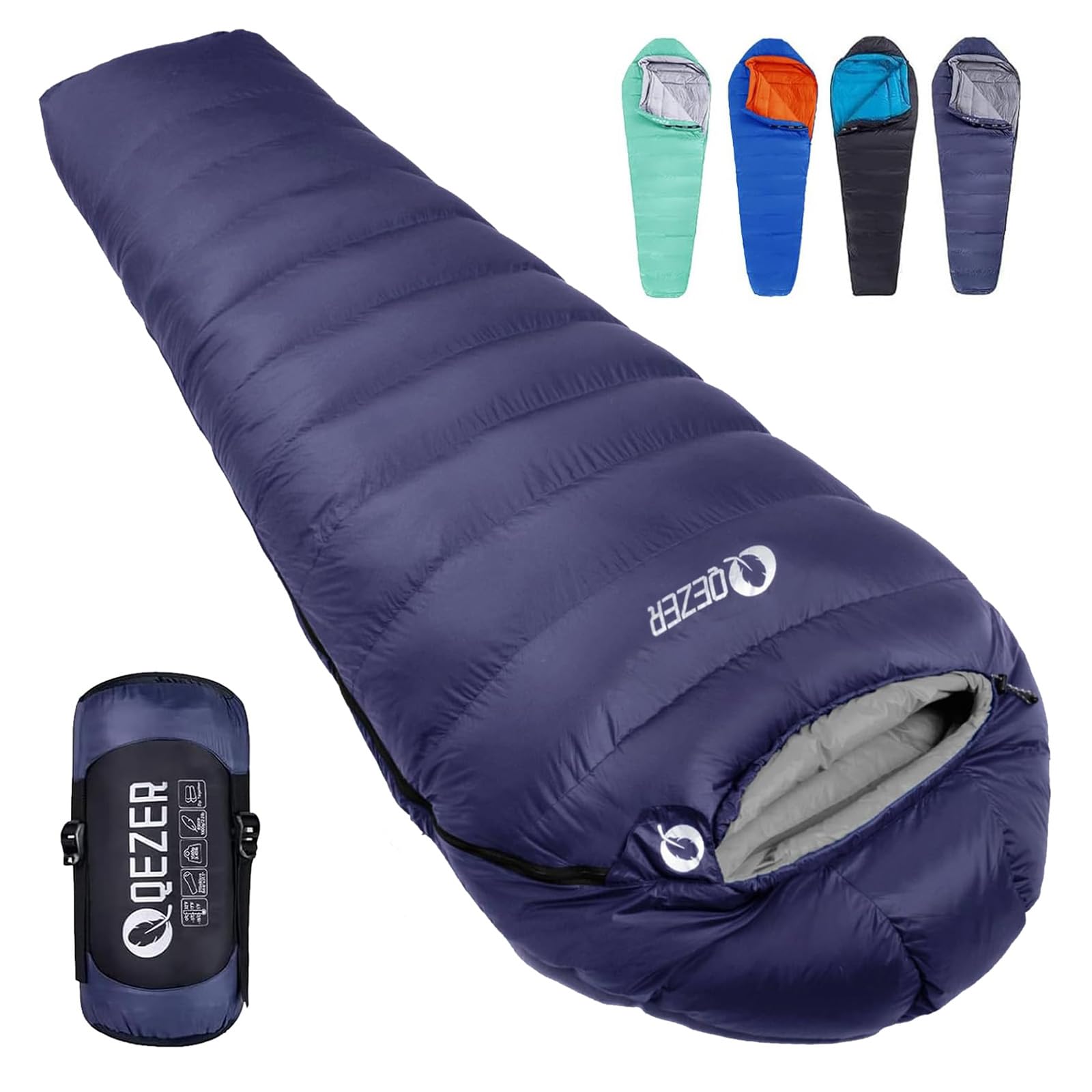 QEZER Down Sleeping Bag for Adults 0°F 10°F 15°F 20°F Backpacking Sleeping Bag for Cold Weather with Compression Sack