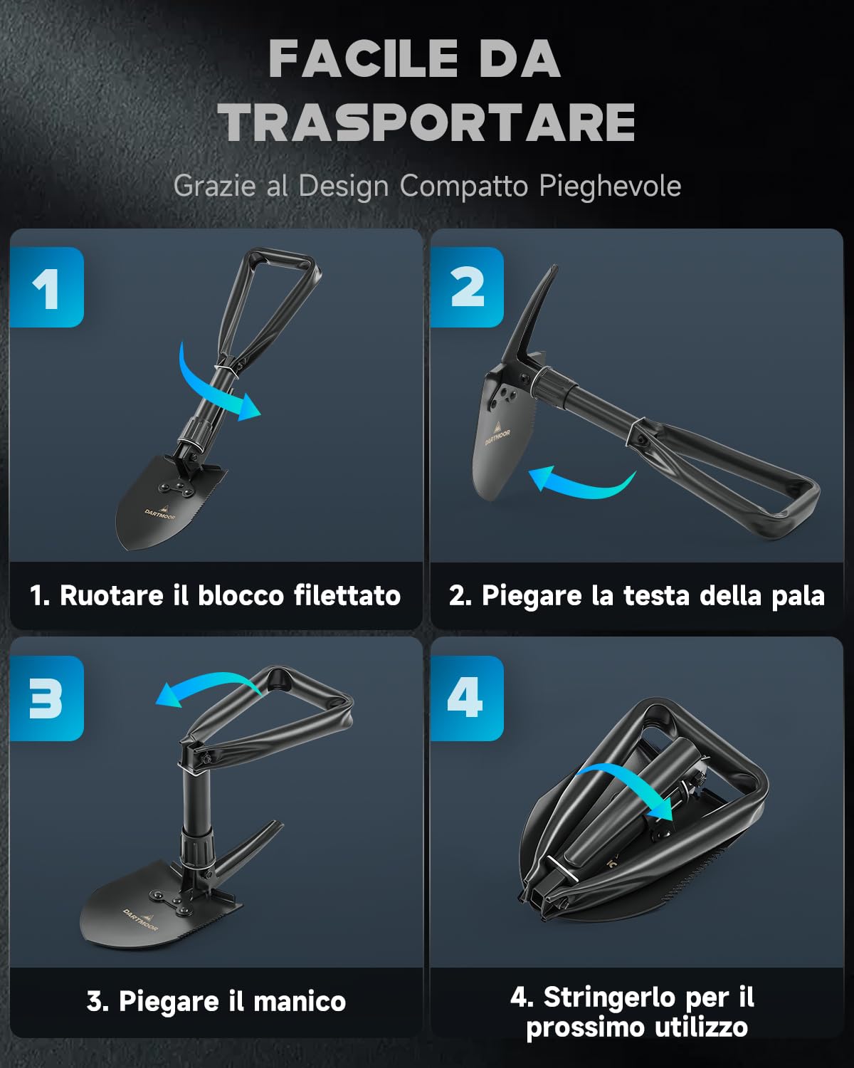 DARTMOOR Mini Pala Pieghevole Vanghe in Acciaio al Carbonio ad Alta Resistenza Leggera Multifunzionale con Borsa in Nylon Vanghe e pale per Giardinaggio Campeggio, Nero