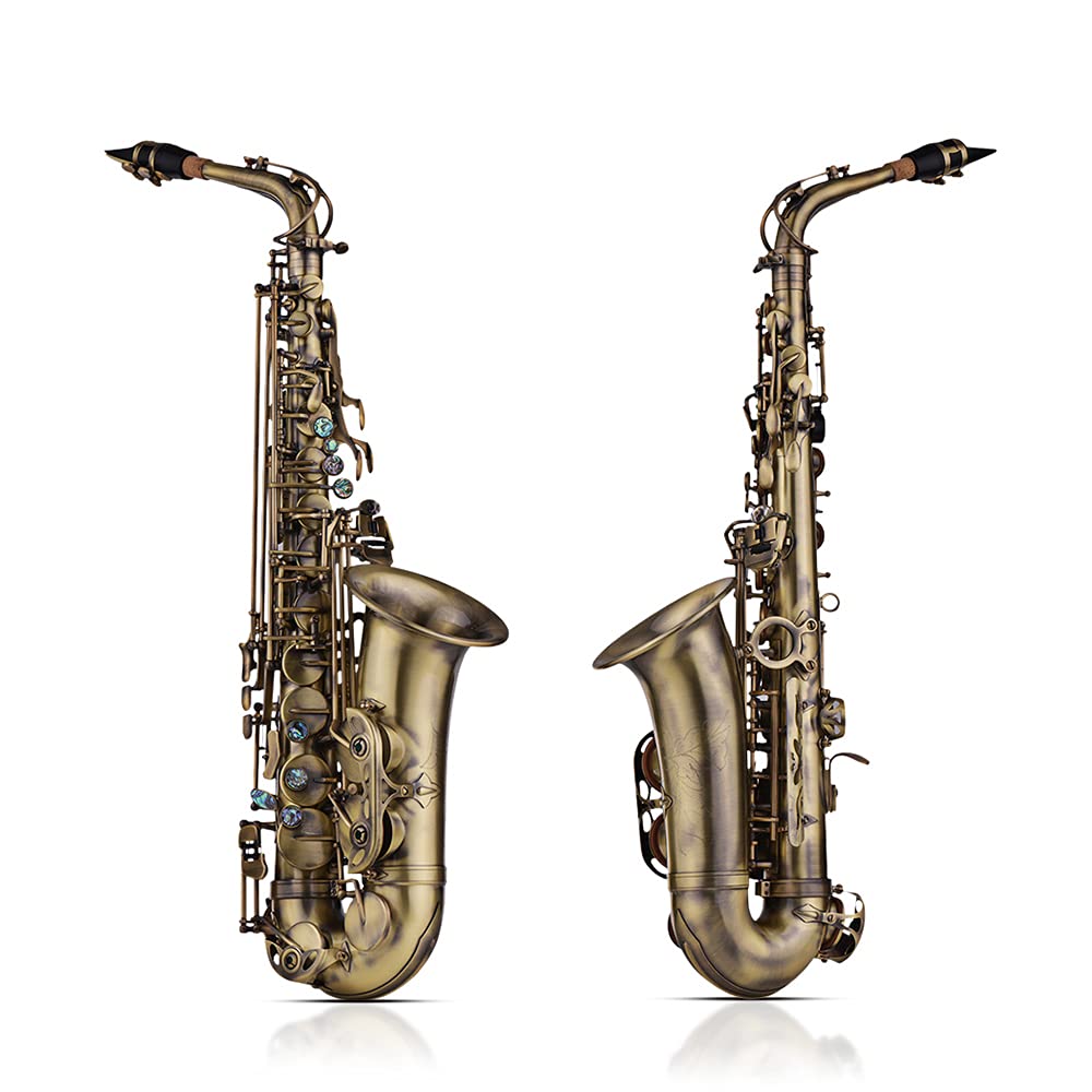 HUIOP Finitura Anticata di Alta qualità MIB MIB Sassofono Contralto Sax Shell Chiave intagliata Modello Strumento a fiato con Custodia Imbottita Guanti Panno per Pulizia Spazzole Cinghie per Sax Ance