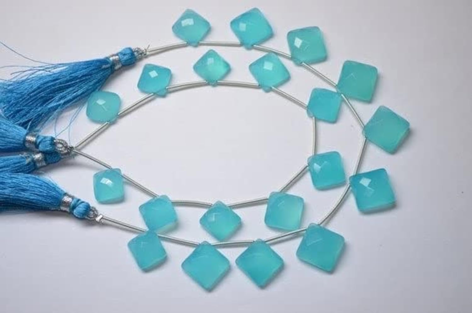 LKBEADS 11-13mm-5 Matched Pairs-Deep Natural Aqua Blue Chalcedony Microfaceted Cushion Briolette