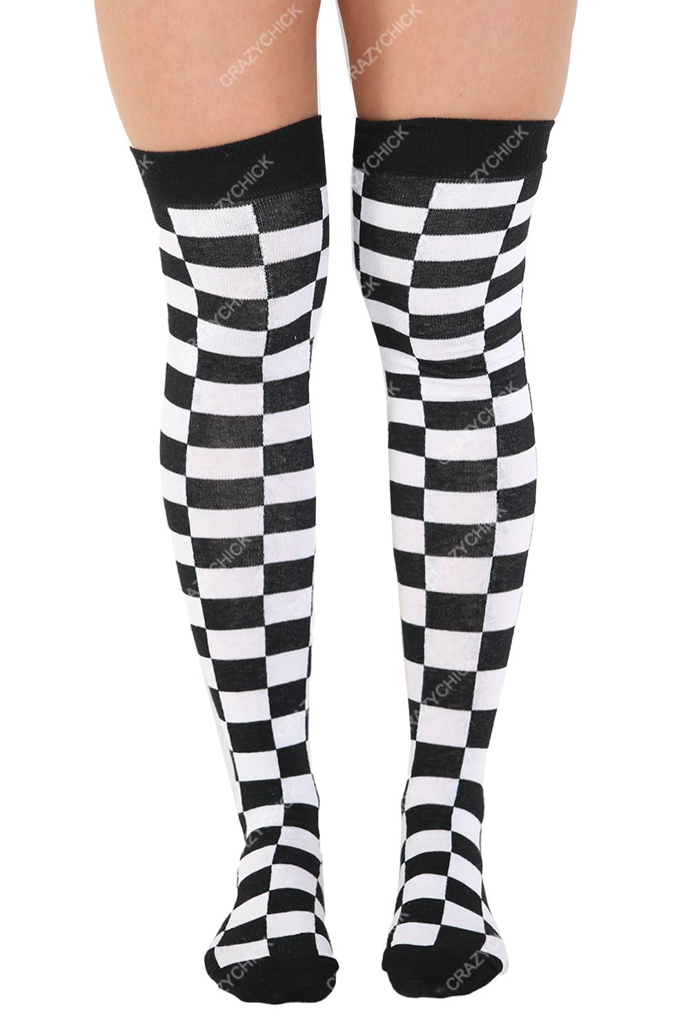 Checkered Over The Knee Socks In Neon Colours, Checkered Neon OTK Socks in Neon Green, Hot Pink, Orange, Yellow, Red & White (Checkered Neon white)