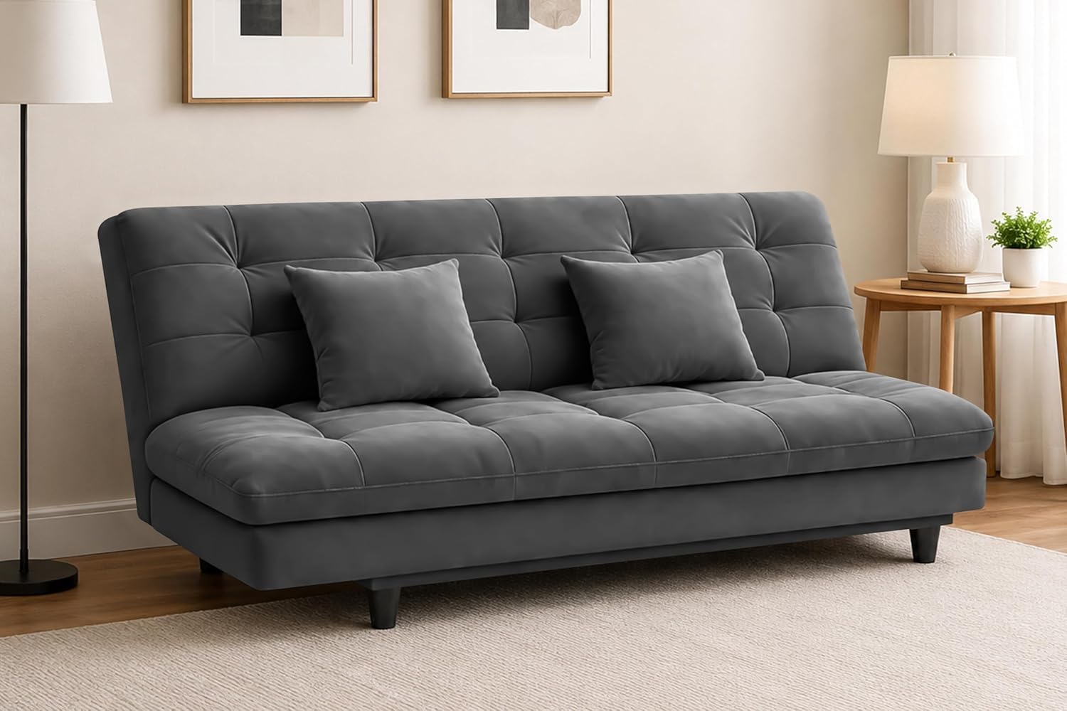 Deco Studio Velvet Fabric Wooden 3-Seater Apsen Sofa Bed with Tufted Couch with Adjustable Backrest– Living Room Furniture-Grey-Color