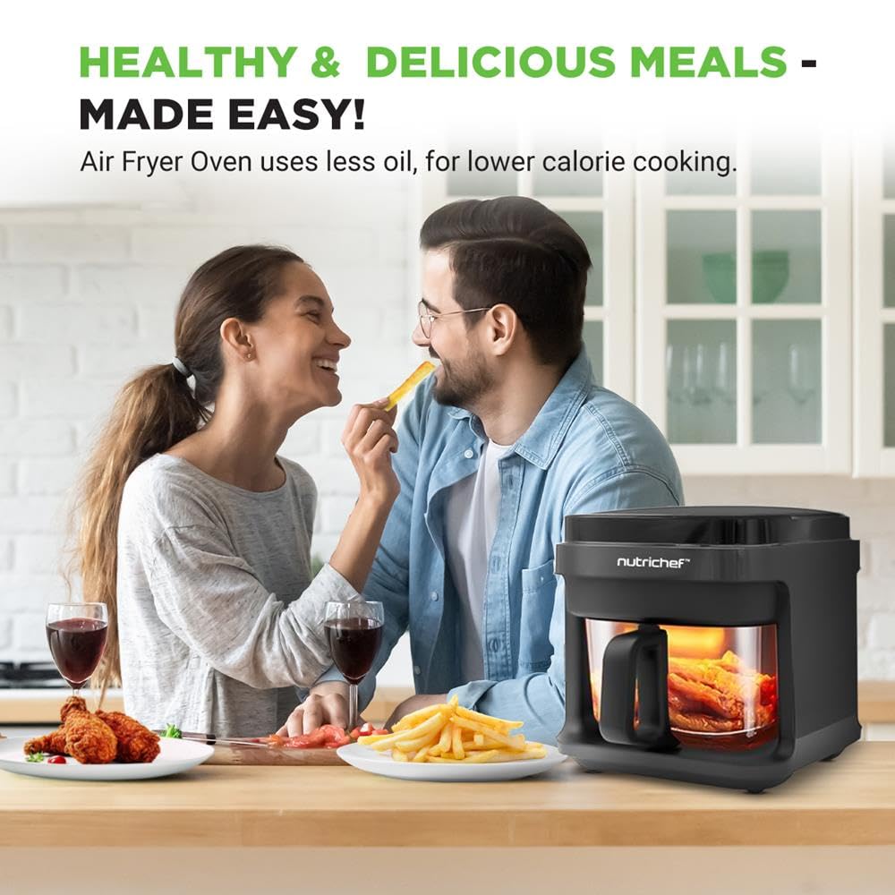 NutriChef Freidora de aire caliente de 5,5 L, color negro, 8 en 1, con recipiente de cristal y pantalla táctil LED, para freír sin aceite, circulación de aire caliente de 360°, para patatas, pollo