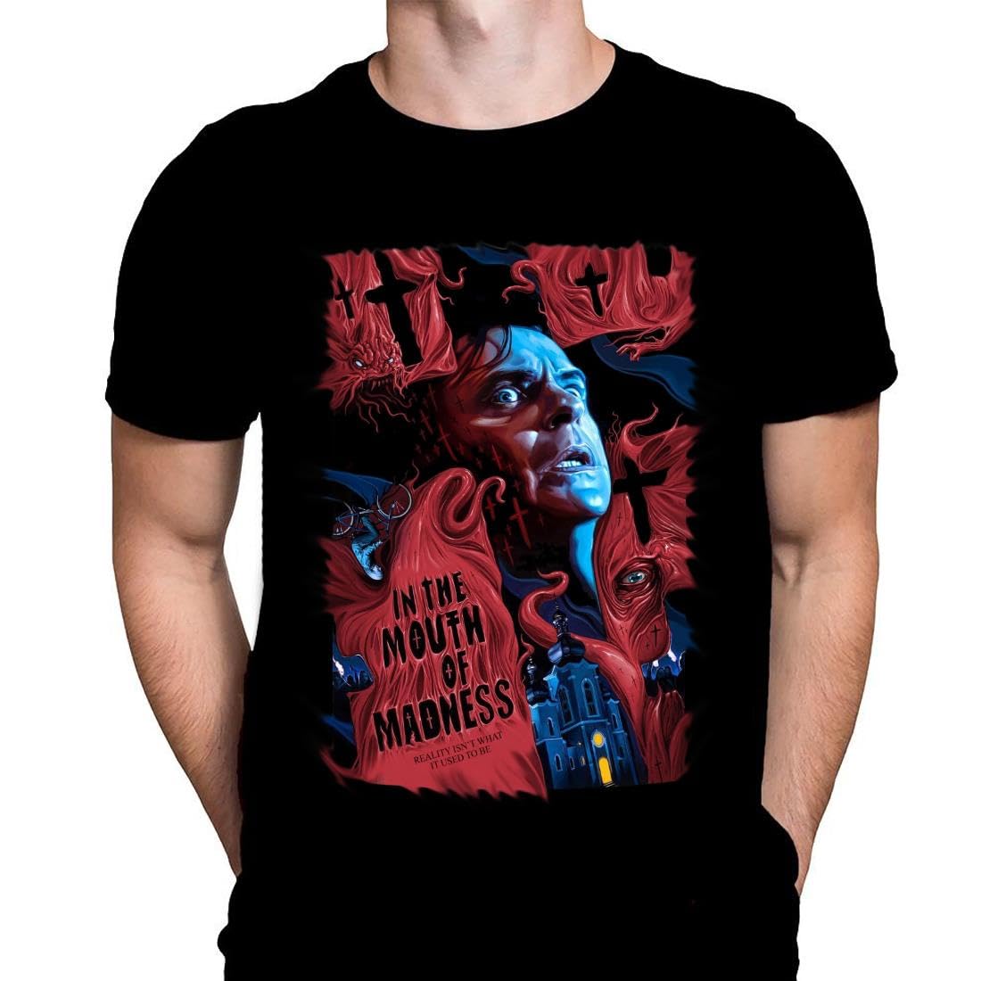 in The Mouth of Madness Mens T-Shirt Gothic Horror Print, Black Cotton T-Shirt, Movie Poster Tee