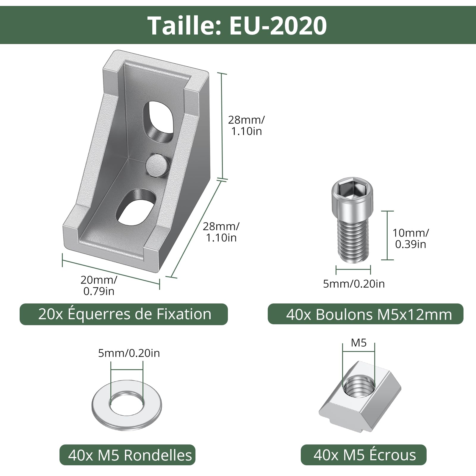 EYPINS 20 pièces Équerres de Fixation Aluminium 28x28x20mm - Pour Profilé à Rainure 6mm - Connecteurs d'Angle Droit avec Boulons M5x10mm - Série 2020