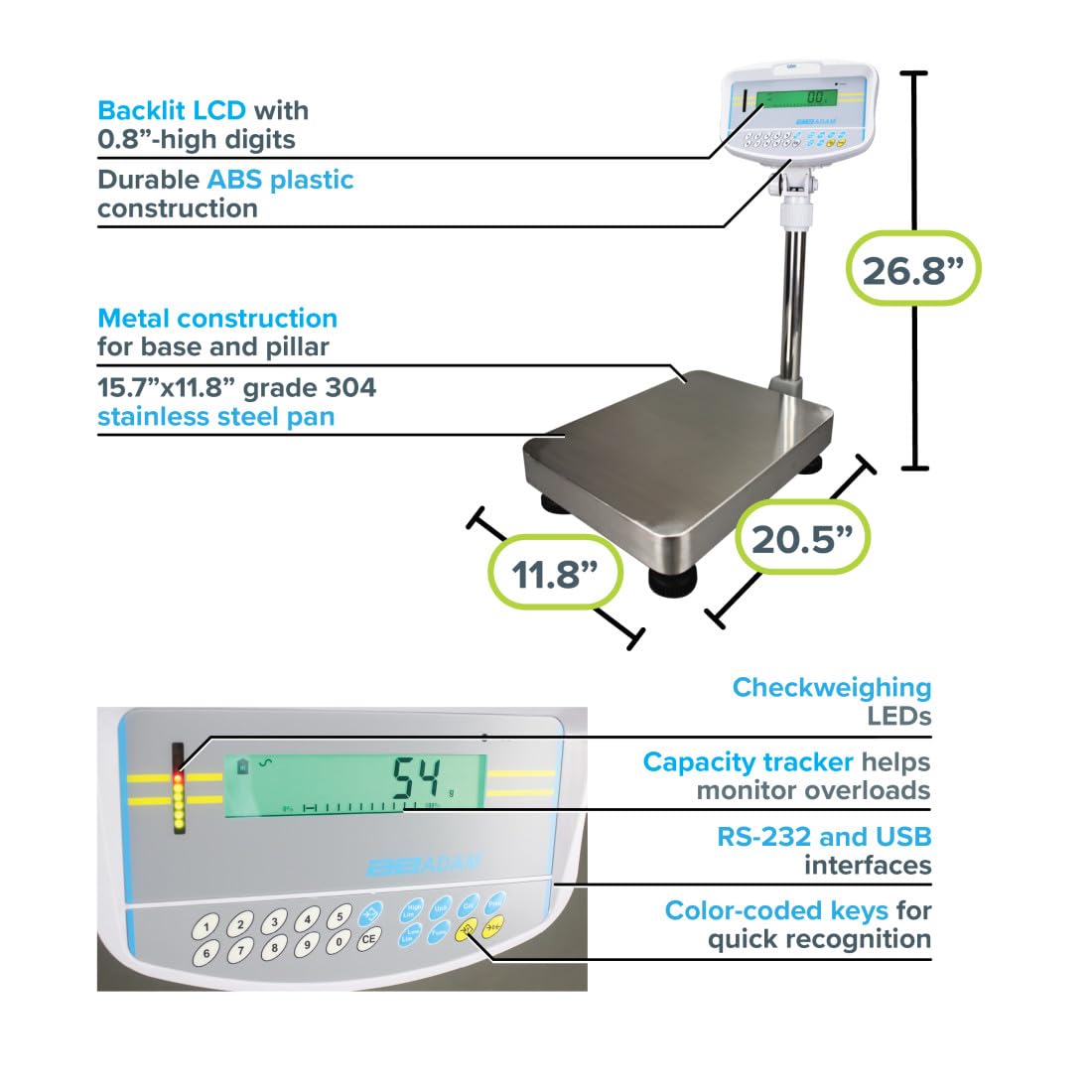 Adam Equipment GBK 35a Bench Check Weighing Scale, 35lb/16kg Capacity, 0.001lb/0.5g Readability