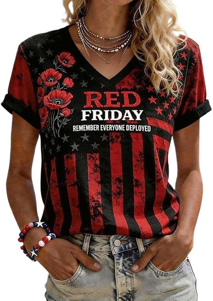 Womens Red Friday Printed V-Neck Short-Sleeved Shirt Remember Everyone Deployed Patriotic Veteran T-Shirt (US Alpha X-Large Regular Regular Red)