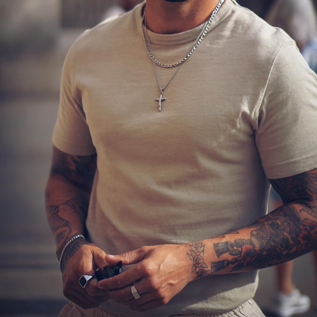 DVRK® Pack 2 Collares Plata Hombre con Base Acero Inoxidable 316L Resistentes al Agua - Cadena Plata Hombre Figaro mas Colgante Crucifijo - Cross, Crucifix, Regalos