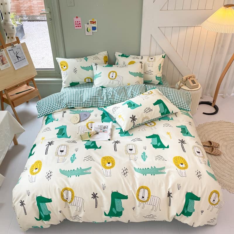 Biancheria da letto in 100% cotone - Taglia singola per bambini, ragazzi e ragazze - Motivi: Animali dei cartoni animati. Copripiumino con stampa di coccodrillo e leone, verde, per tutta la stagione