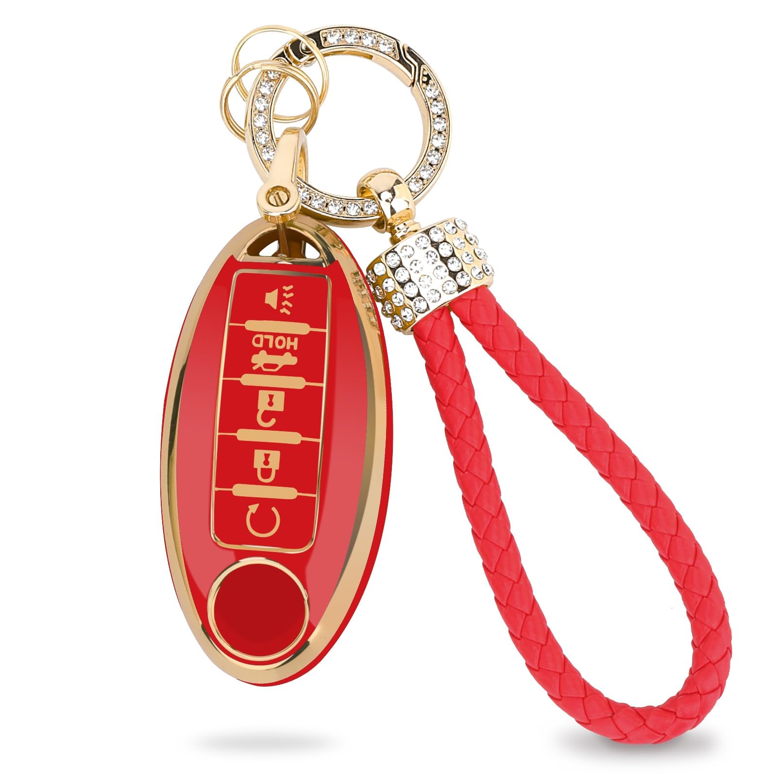 OLLEN Soft TPU Key Fob Cover, Fit for Nissan Altima Sentra Maxima Murano Rogue Armada Pathfinder, Key Case with Bling Keychain, 5 Buttons, Red