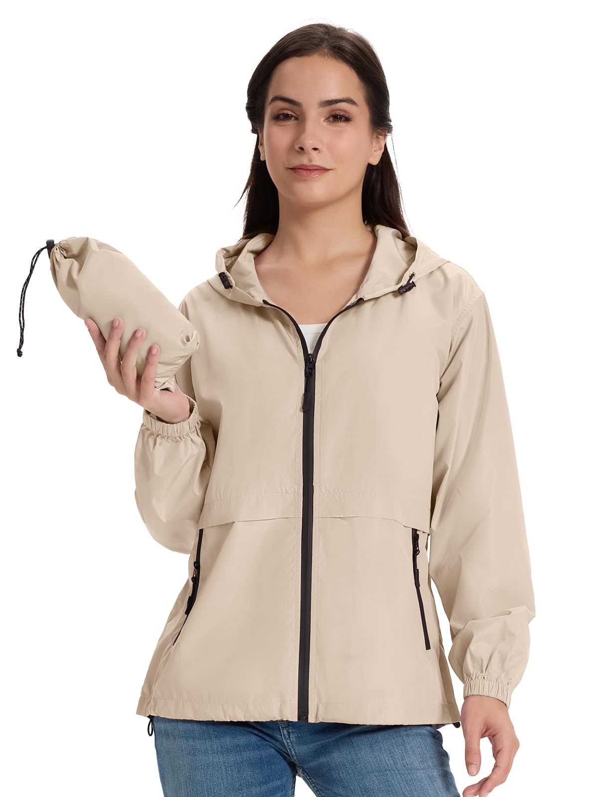 Lightweight Rain Jacket Women Waterproof Breathable Raincoat Packable Hooded Windbreaker