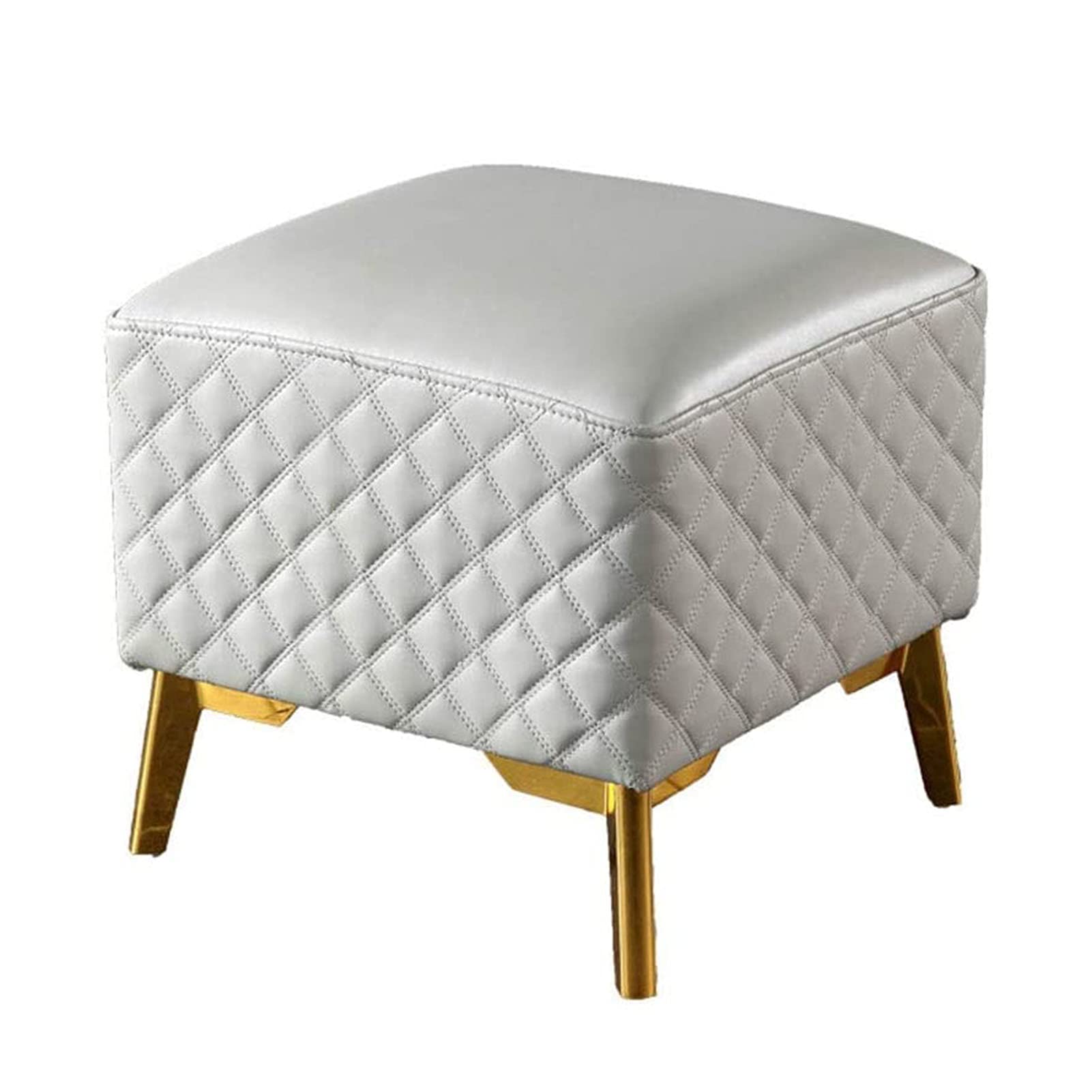 Tabouret repose-pieds carré cuir gris clair, petit tabouret table basse salon pieds dorés