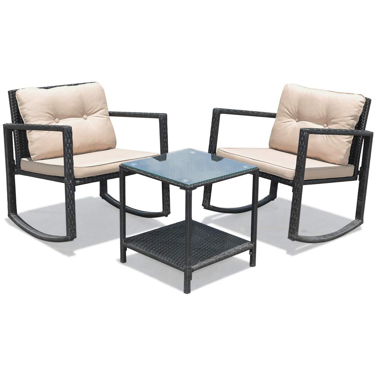 Juego de 3 mecedoras de mimbre para patio, mecedoras al aire libre y mesa con cojines, mesa de centro de cristal con estante de almacenamiento, adecuada para patio, jardín, piscina, balcón 9