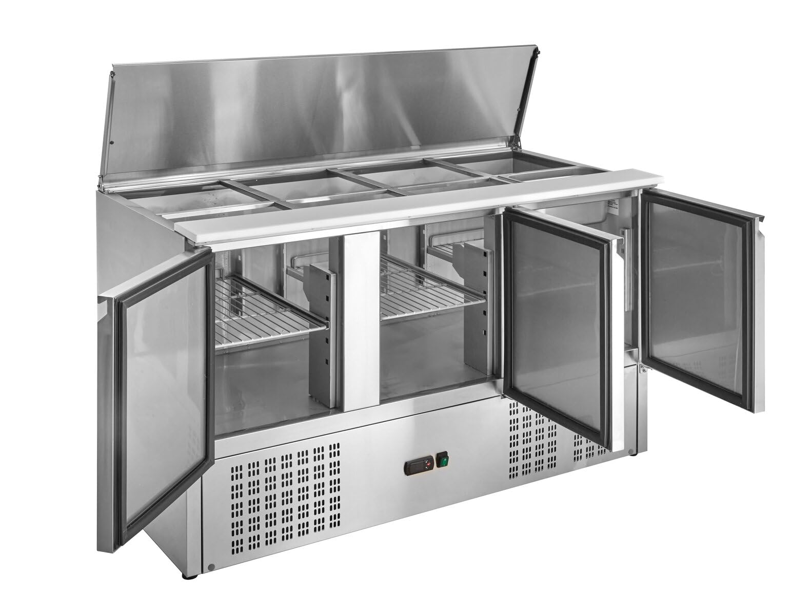 GastroHero Saladette 1370, 368 L, 3 Türen, 3 Böden, Edelstahl SH903 | Fixierbarer Klappdeckel, mit Kunststoffschneidebrett, Platz für 4 x 1/1 GN Behälter, 2 bis +8°C