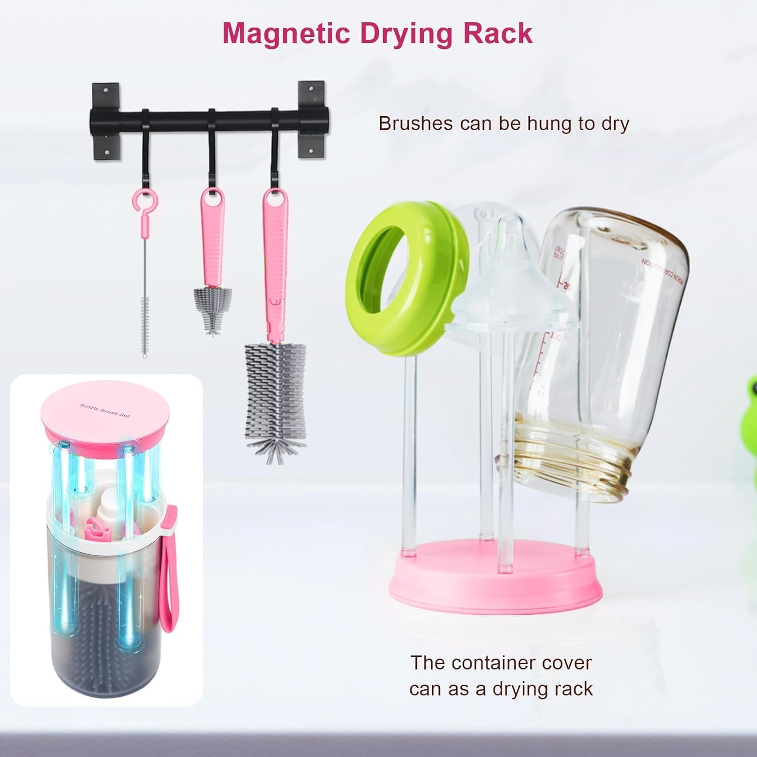 Parssufy Portable Baby Bottle Brush Kit Travel Feeding Bottle Cleaning Set Nursing Bottle Cleaner with Extendable Silicone Bottle Brush/Nipple Brush/Straw Brush/Drying Rack/Soap Dispenser/ (Pink) 2