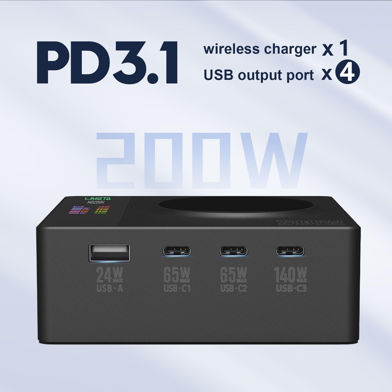 LIMETA 200W USB C Port Charger,5 Ports de Charge sans Fil avec Charge magnétique,Chargeur Mural (Max 140W),4 Ports USB C + 1 Port de Charge sans Fil,Compatible avec Les Ordinateurs Portables