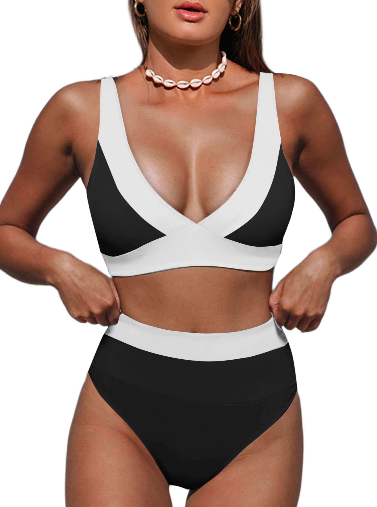 Women's Leopard Bikini Swimsuits V Neck High Waisted 2 Piece Bathing Suits