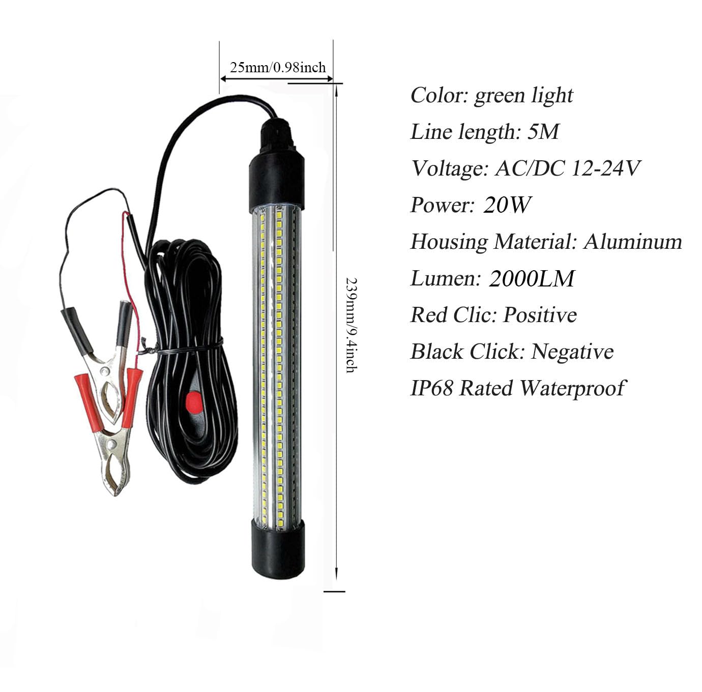 12-24V Wide Voltage Constant Current Drive 20W LED Fish Lure Light Green Light IP68 Waterproof Lamp 360 Degree All-Round Fish Attracting Light, Light Collection Fish Lamp with 5M Cable, 1 Pack