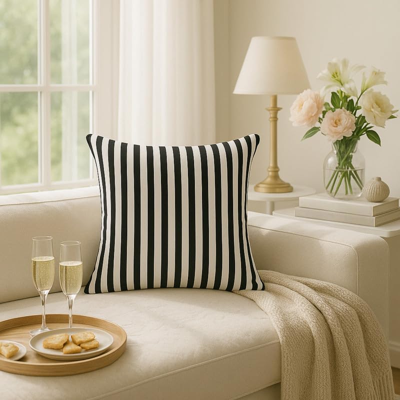 Image of WWW.THROWPILLOW.IN Black and White Striped Cushion Cover, Premium Decor Fabric, Smooth Black and White Pattern, Modern Cushion, Minimalist Sofa Accent Pillowcase Square Sofa Cushion 16x16 Inches