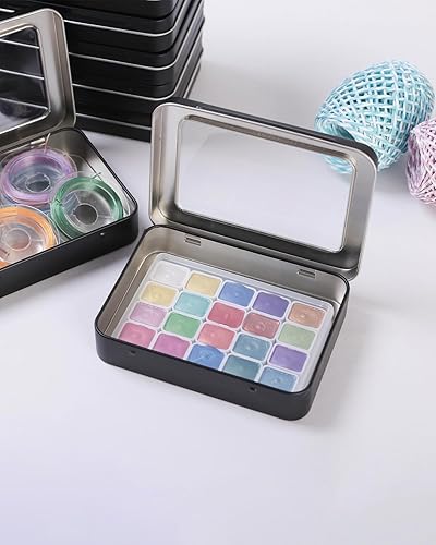 Miniatura 6 de Paquete de 12 latas rectangulares vacías de almacenamiento de metal con tapas transparentes con bisagras para ventana para artículos pequeños y