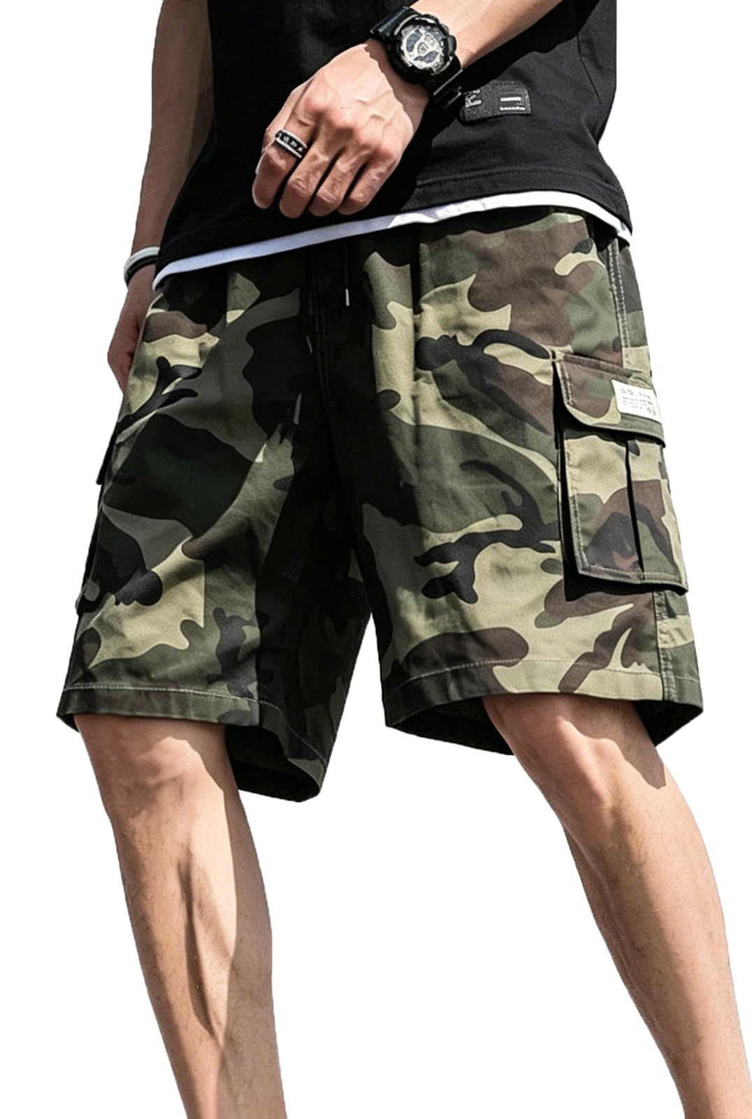 PADOLA Kurze Hosen Herren Baumwolle Knielang Shorts weites Bein Elastische Taille mit Kordelzug Cargohose Sommer Camouflage Jogginghose mit Multi-Tachen Sporthose Tarnhose Bermuda