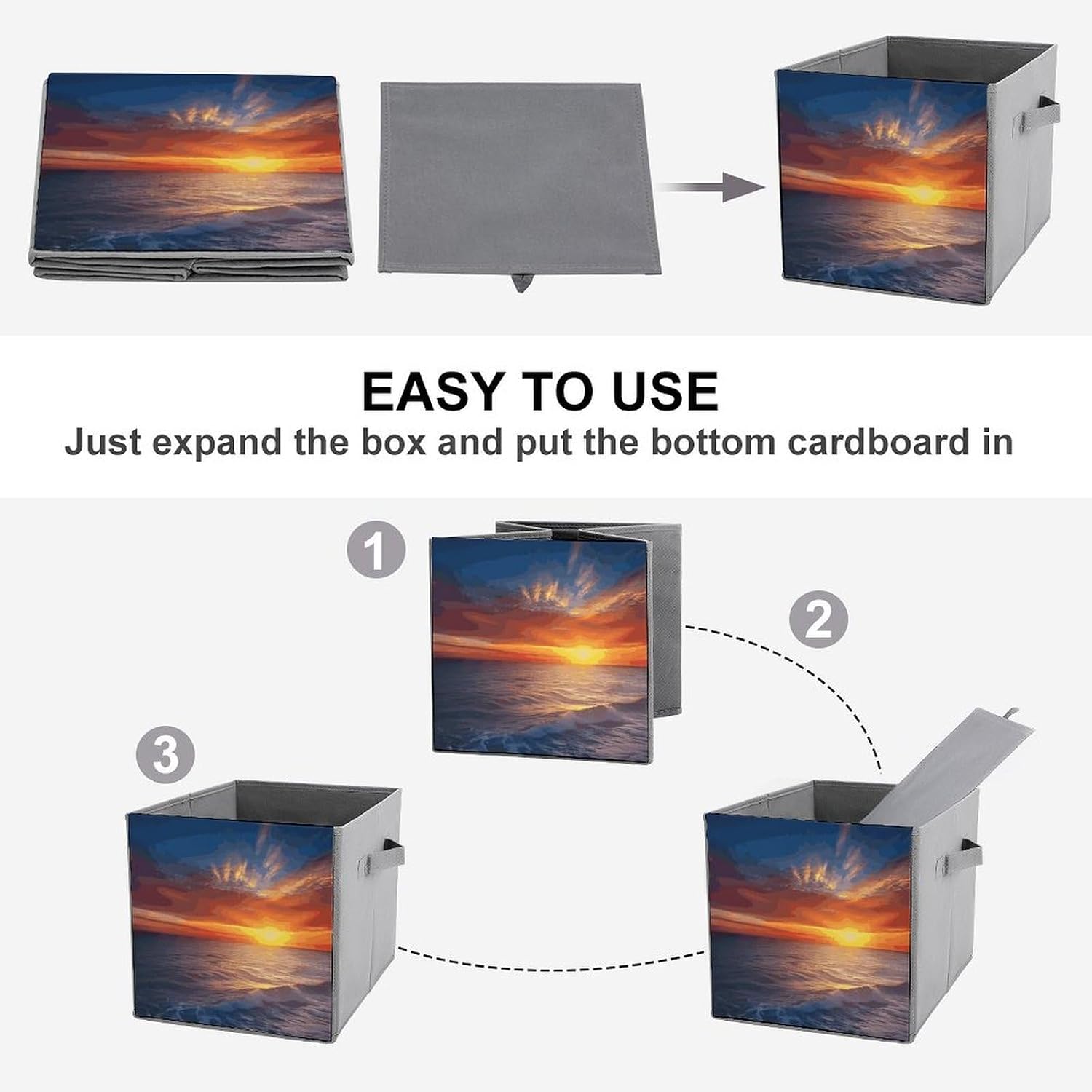 Folding Storage Bins Oxford Fabric Clothes Storage Boxes with Handles | Sea And Sunset Cube Organizer, Easy to Store, Multi Functional Cube Storage Organizer for Office Bedroom