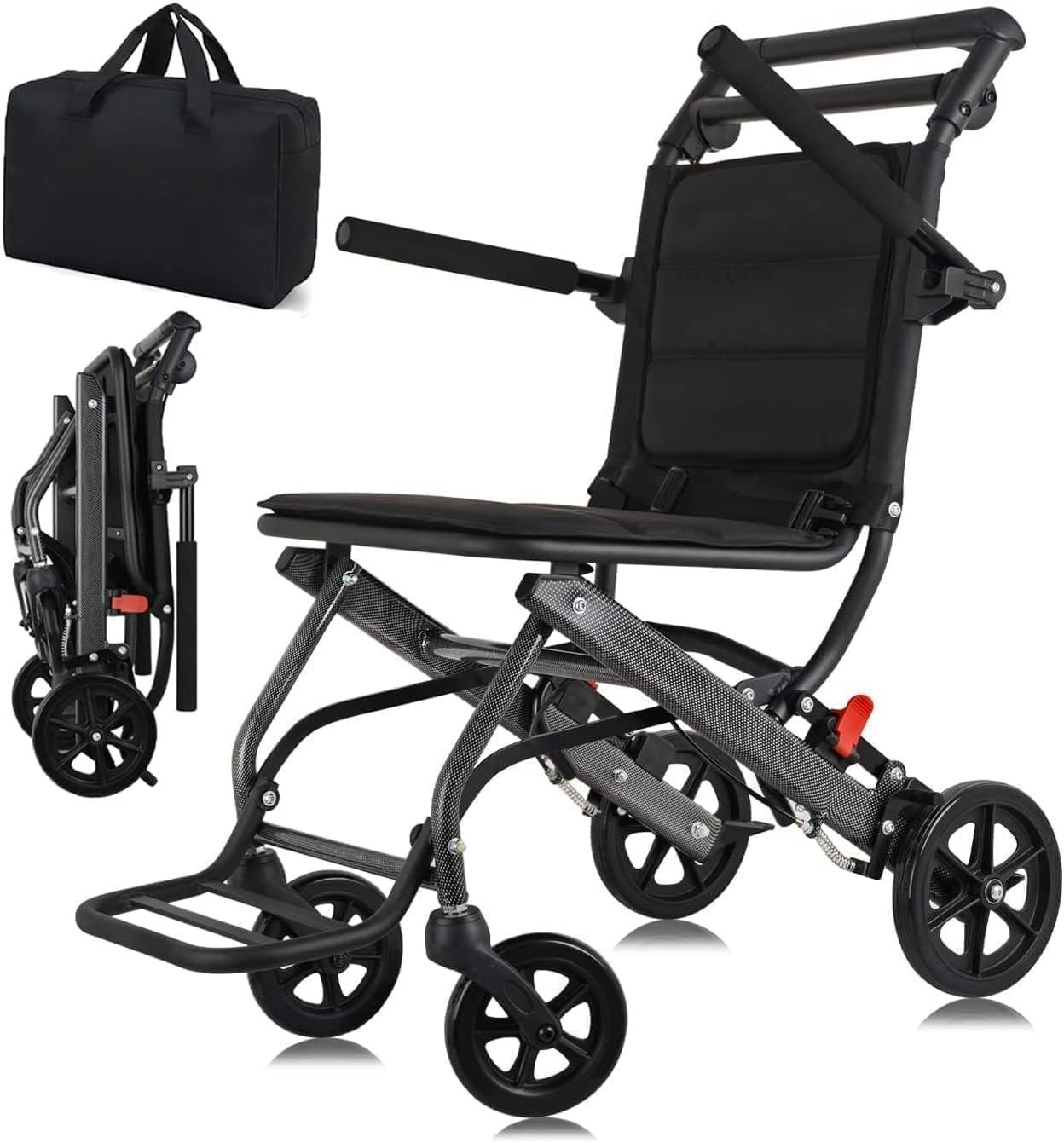 Silla de ruedas de transporte ultraligera, diseño portátil plegable con frenos manuales para viajes y soporte de movilidad
