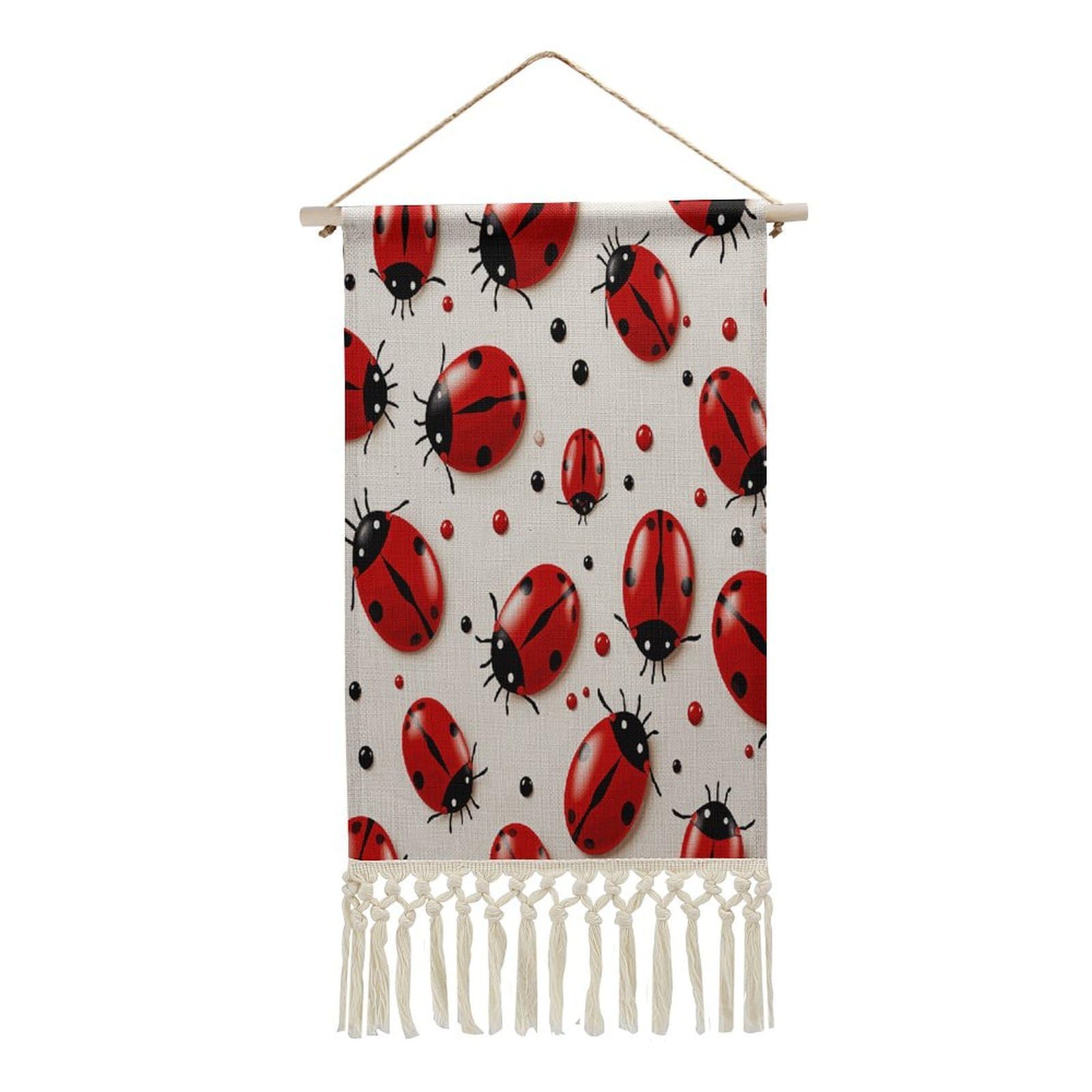 FekiLoot Red Ladybug Wall Art Print Decor Art Tapestry with Tassel Cotton Linen Hanging Poster Vintage Aesthetic Wall Art Poster Rustic Wall Art Decor for Home Bedroom Living Room Office