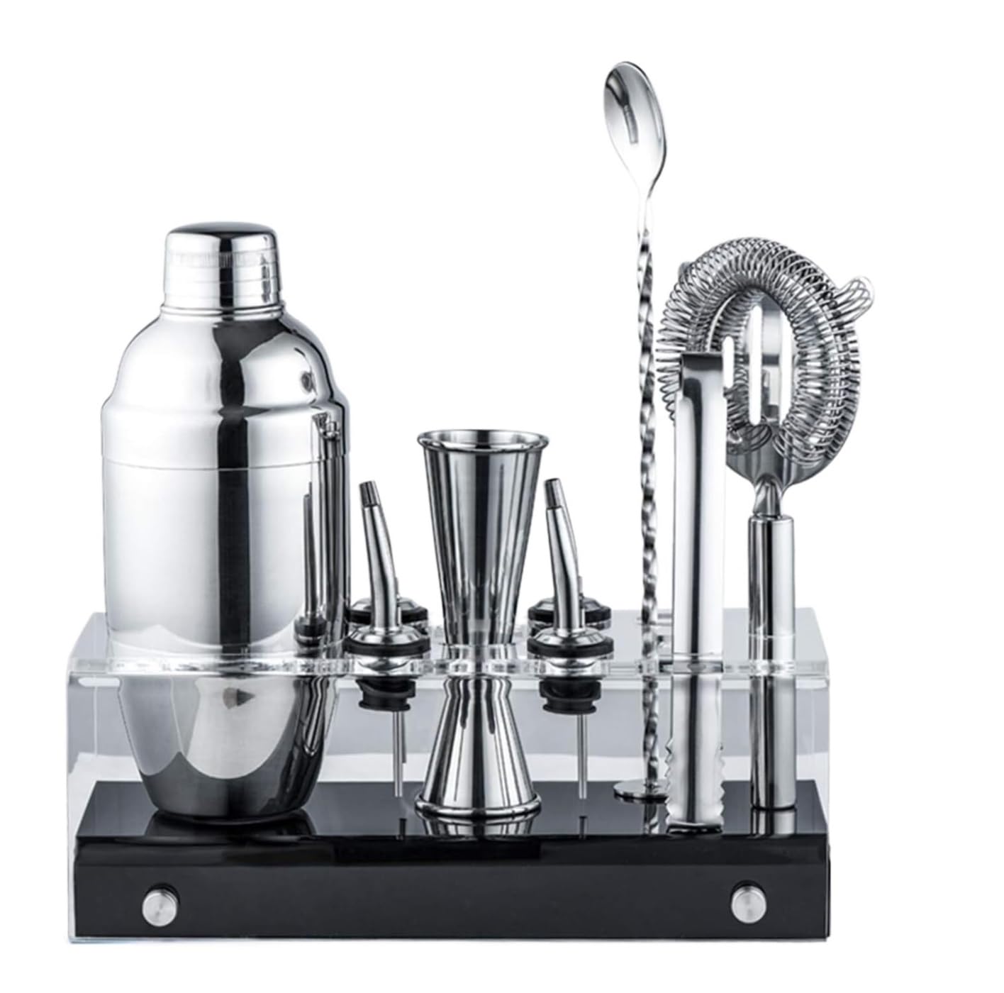 Shaker Cócteles Coctelera De 10 Piezas con Soporte Acrílico Juego Herramientas Barra Acero Inoxidable Kit Coctelería Bar Set(Blue,Silver)